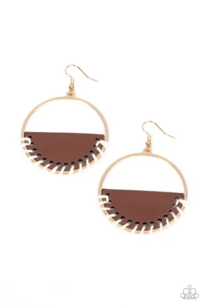 Lavishly Laid Back - Brown - Leather Half Moon with White Stitching Gold Hoop Paparazzi Fishhook Earrings