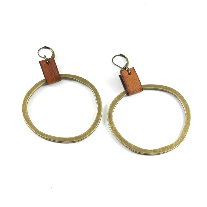 Leather & Brass Organic Circle Earrings