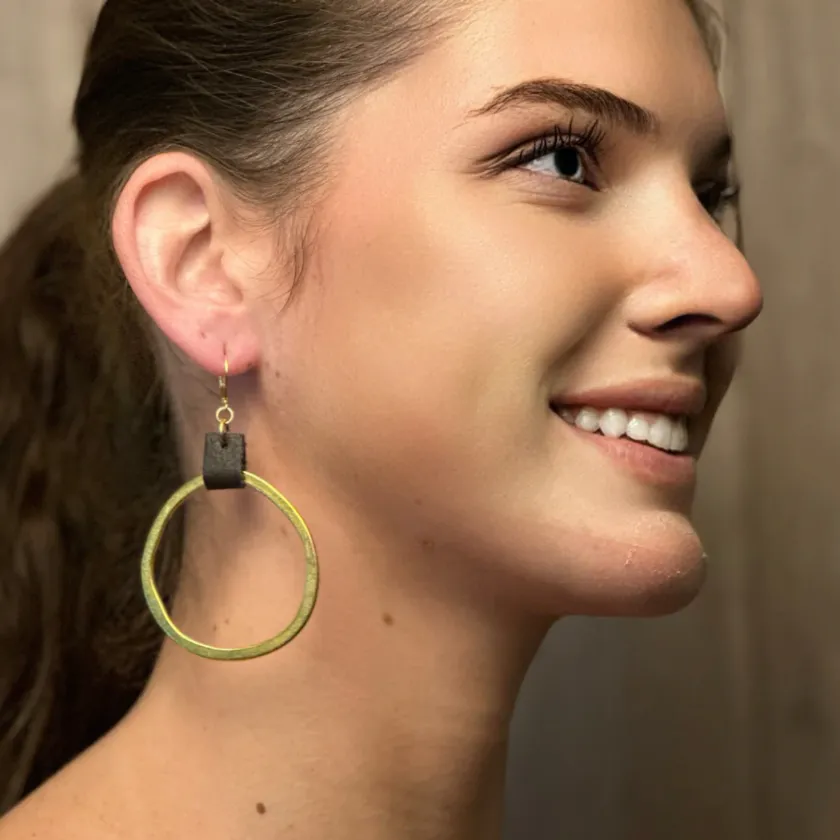 Leather & Brass Organic Circle Earrings
