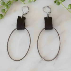 Leather & Gunmetal Oval Earrings-Brown