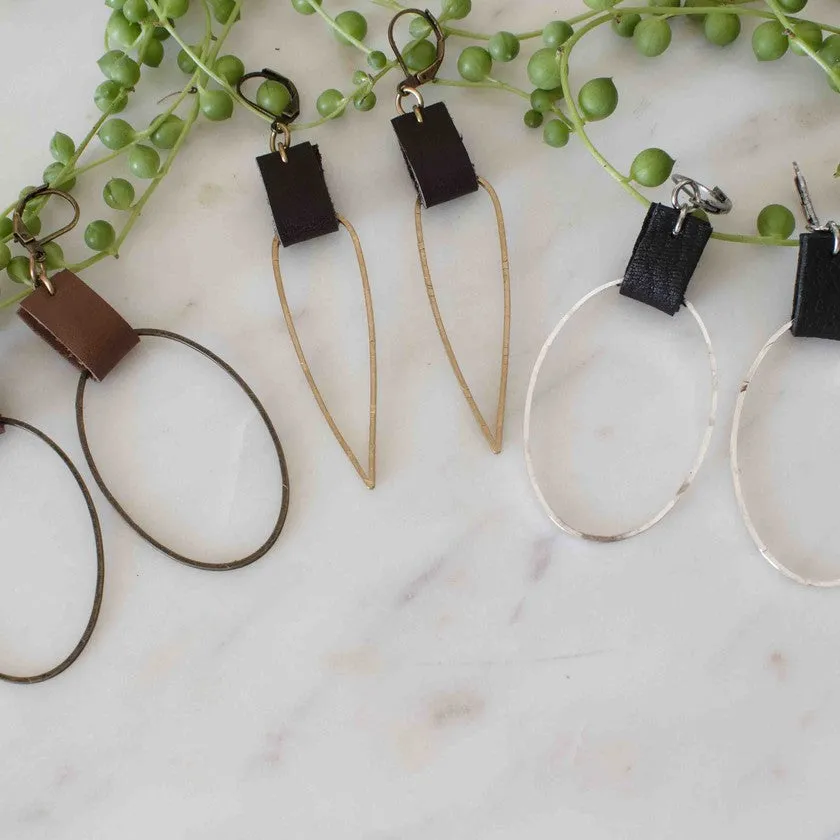 Leather & Gunmetal Oval Earrings-Brown