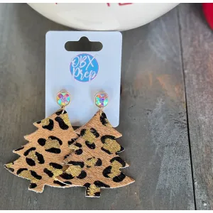 Leather Leopard Christmas Tree Dangle Earrings