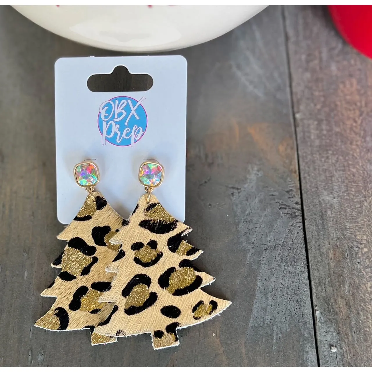 Leather Leopard Christmas Tree Dangle Earrings