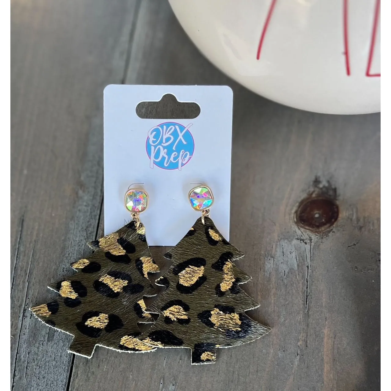 Leather Leopard Christmas Tree Dangle Earrings