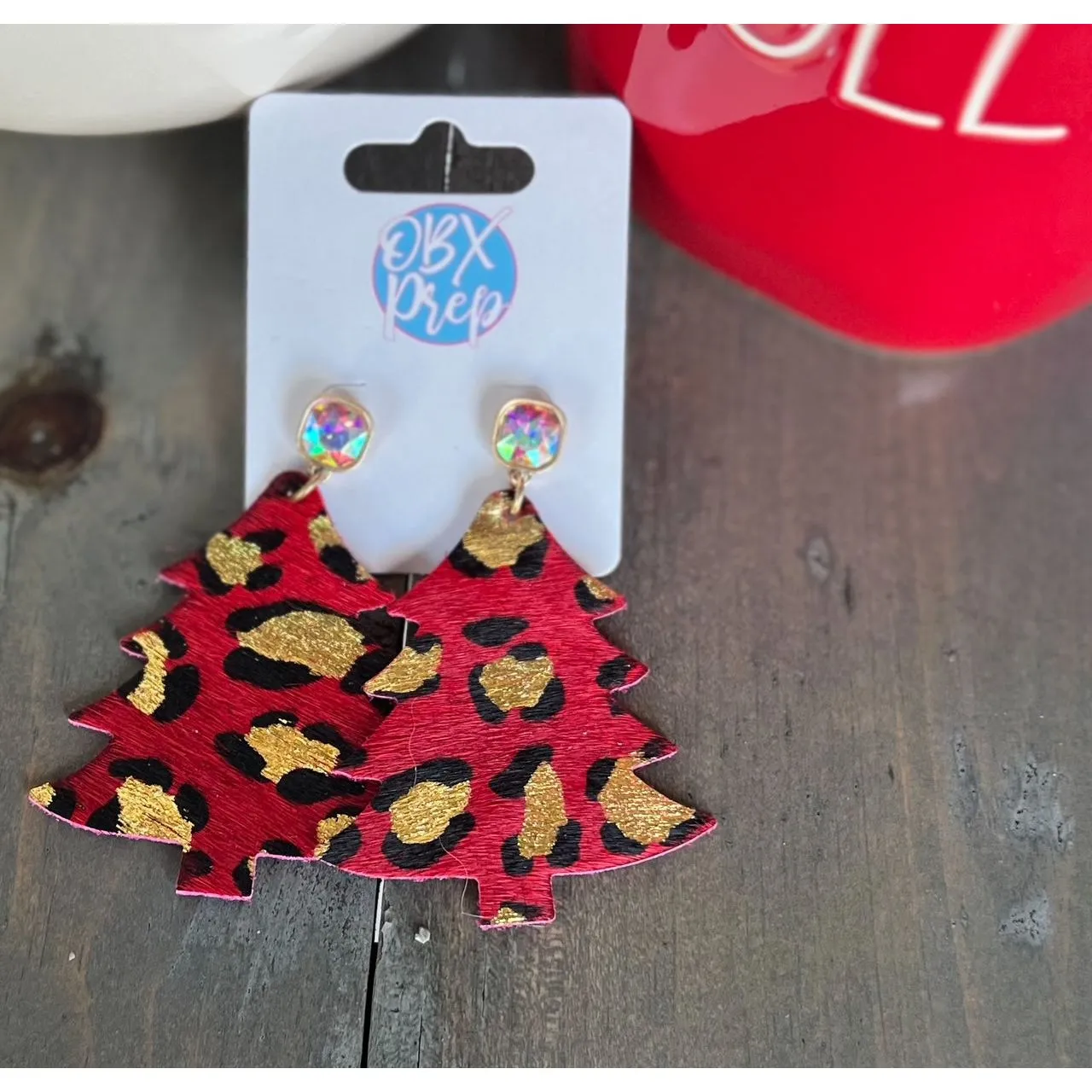Leather Leopard Christmas Tree Dangle Earrings