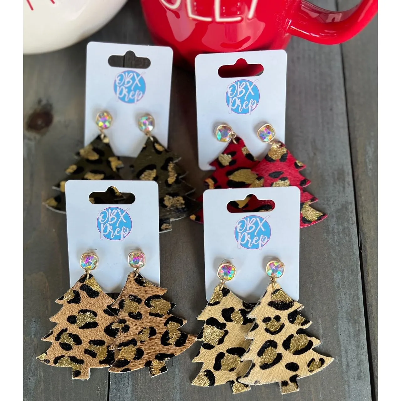 Leather Leopard Christmas Tree Dangle Earrings