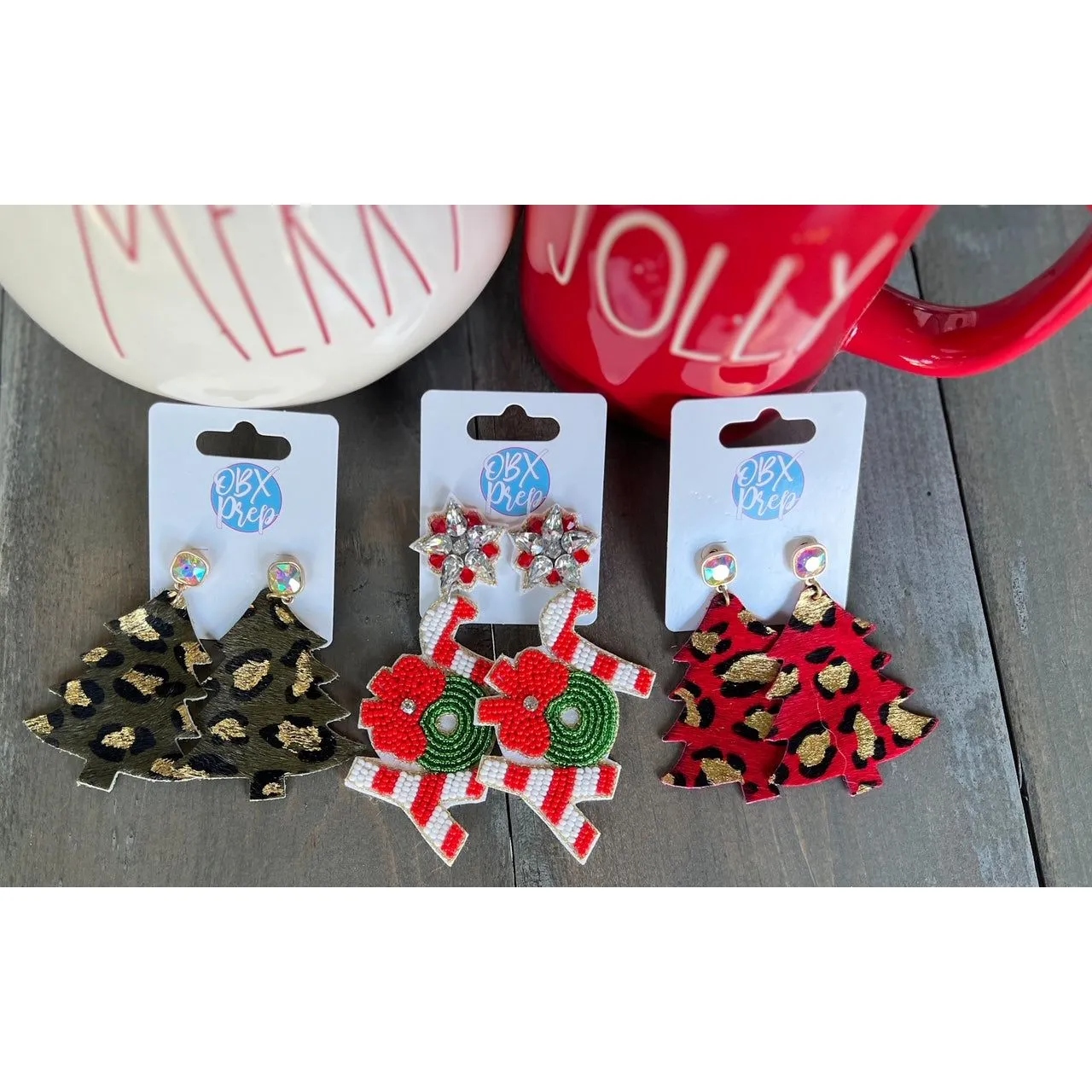 Leather Leopard Christmas Tree Dangle Earrings