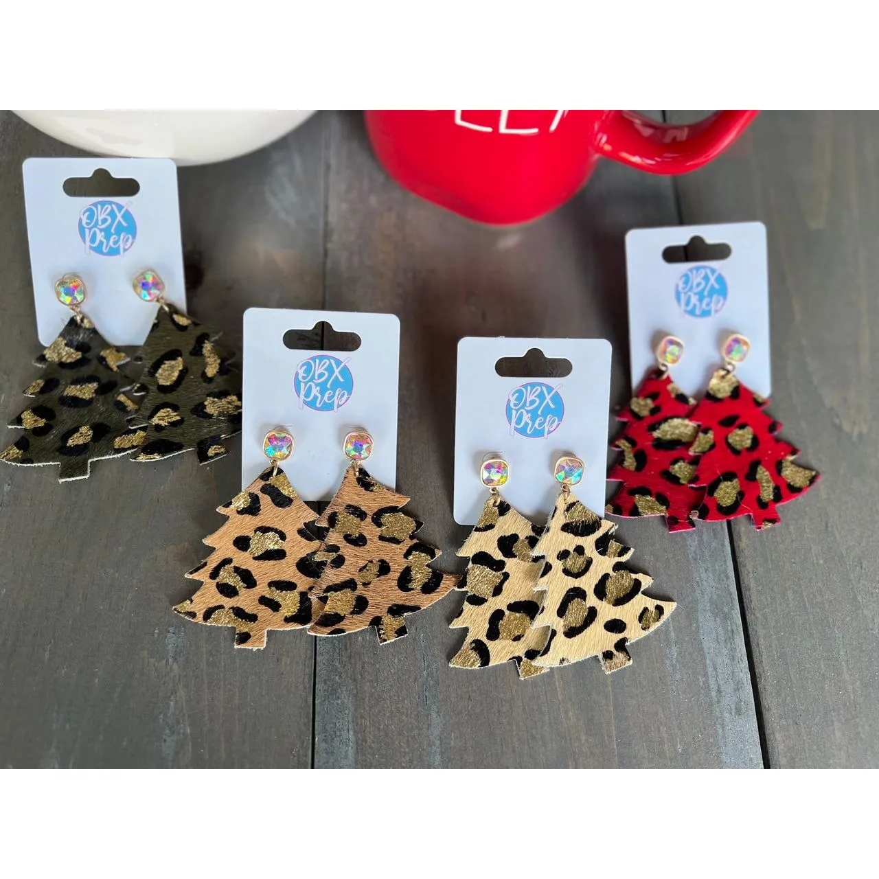 Leather Leopard Christmas Tree Dangle Earrings