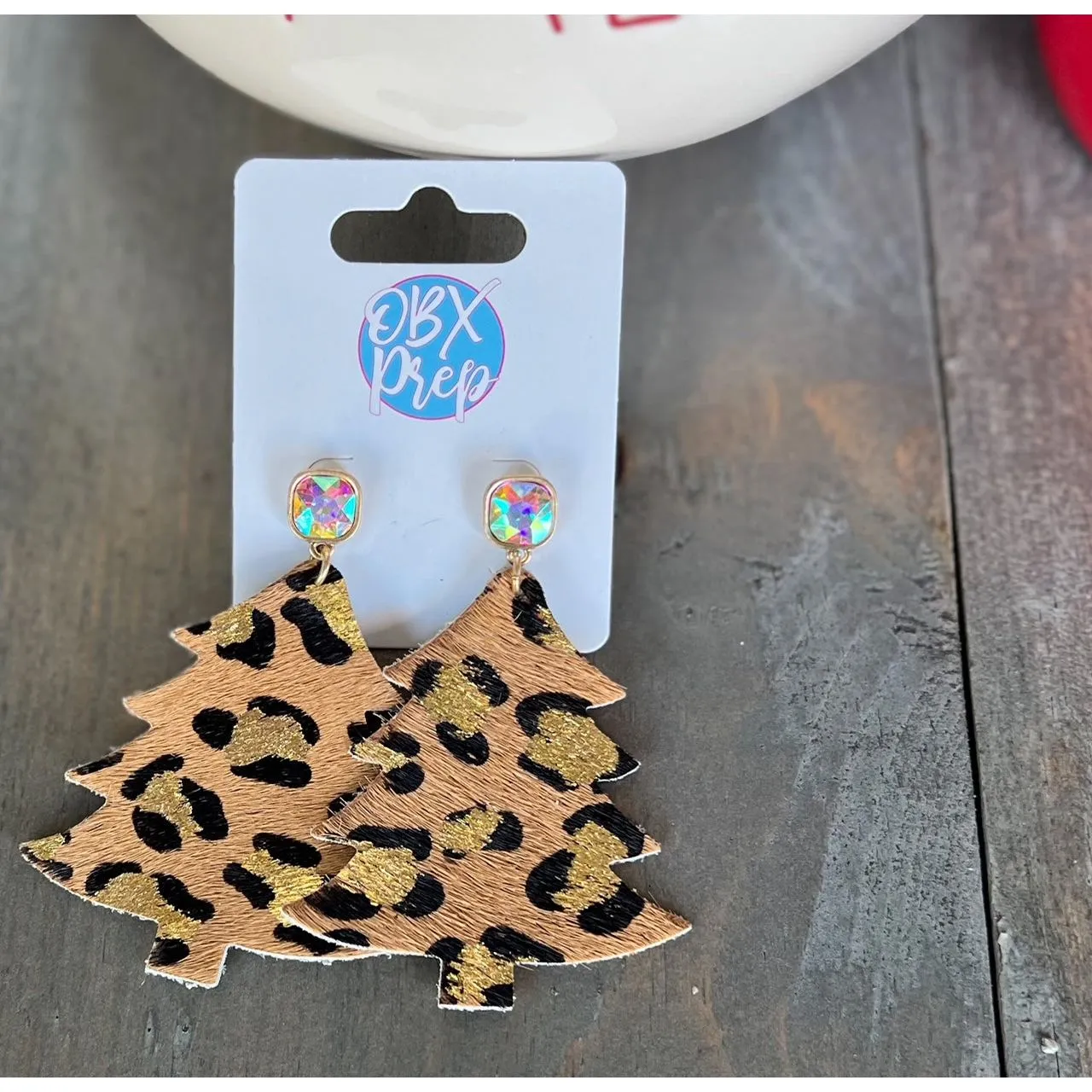 Leather Leopard Christmas Tree Dangle Earrings