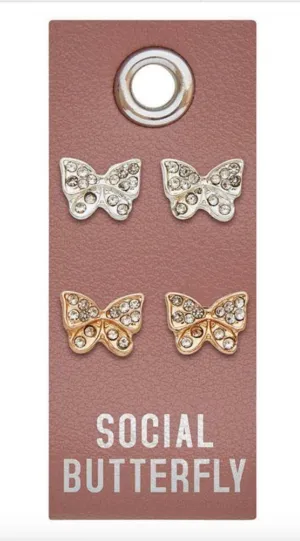 Leather Tag Earrings Silver Butterfly