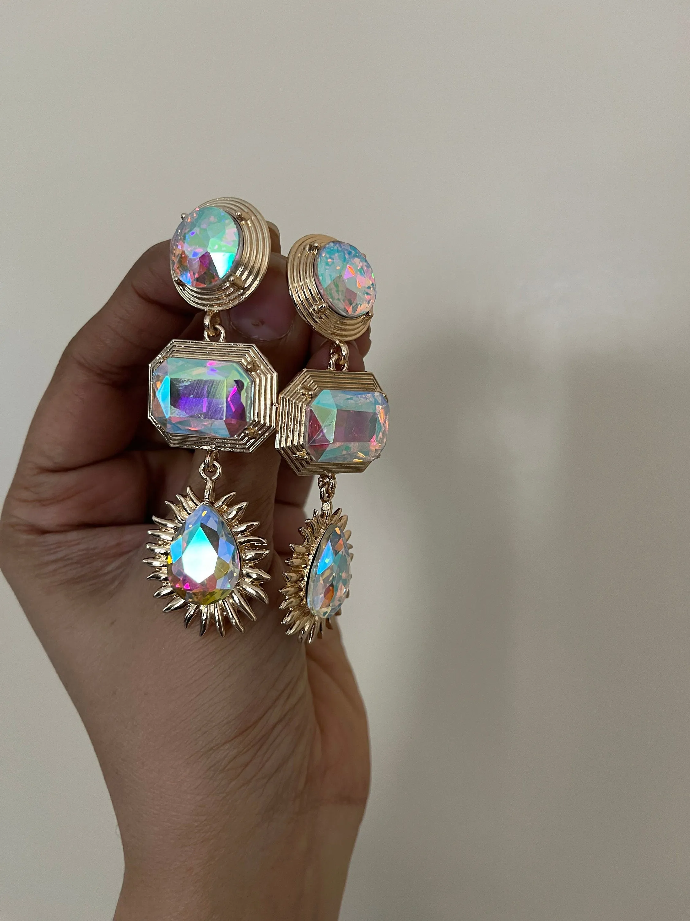 Long Aurora borealis earrings , gold iridescent earrings , big rainbow earrings , big gold earrings , clear rhinestone earrings , crystal