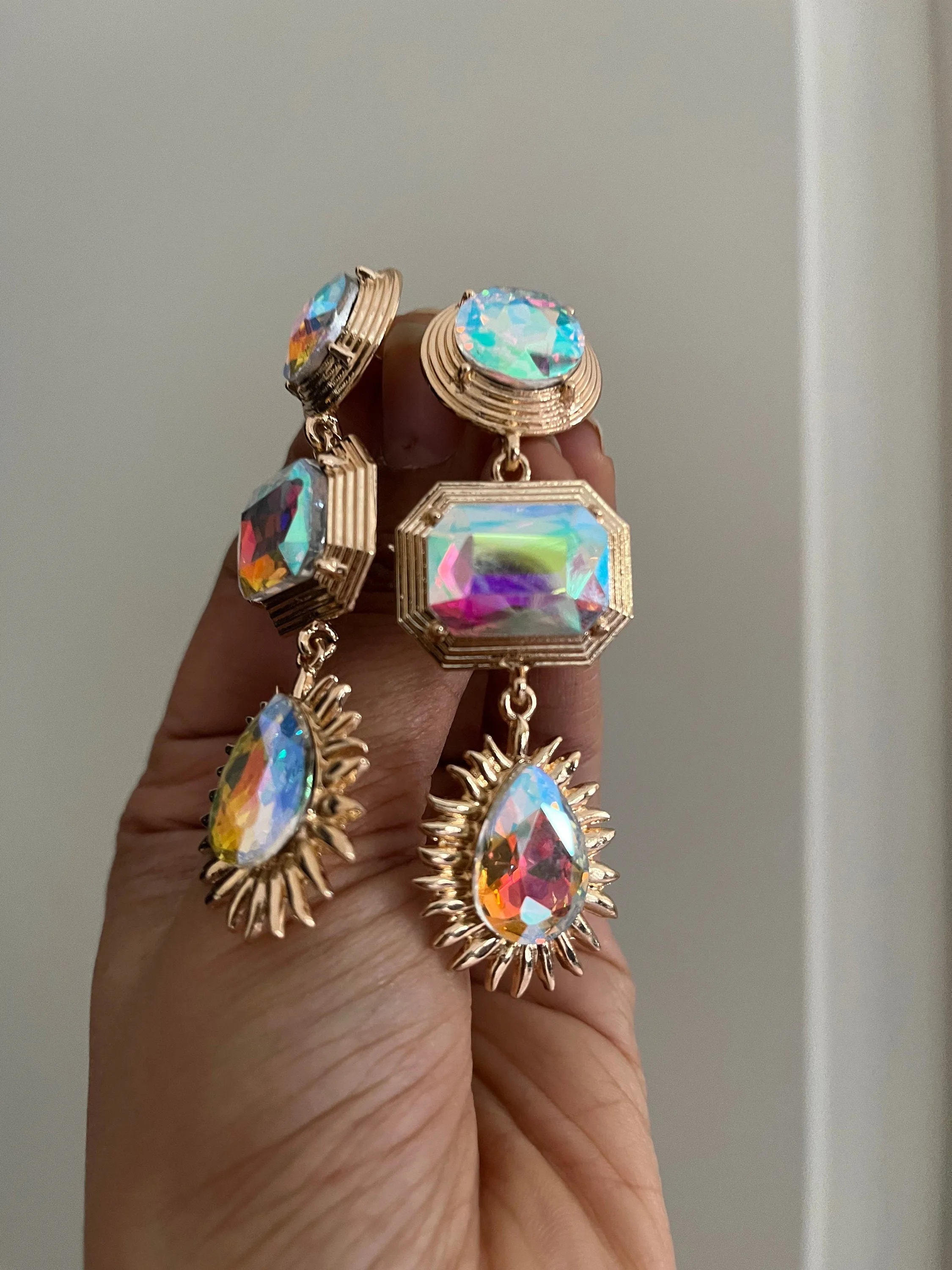 Long Aurora borealis earrings , gold iridescent earrings , big rainbow earrings , big gold earrings , clear rhinestone earrings , crystal