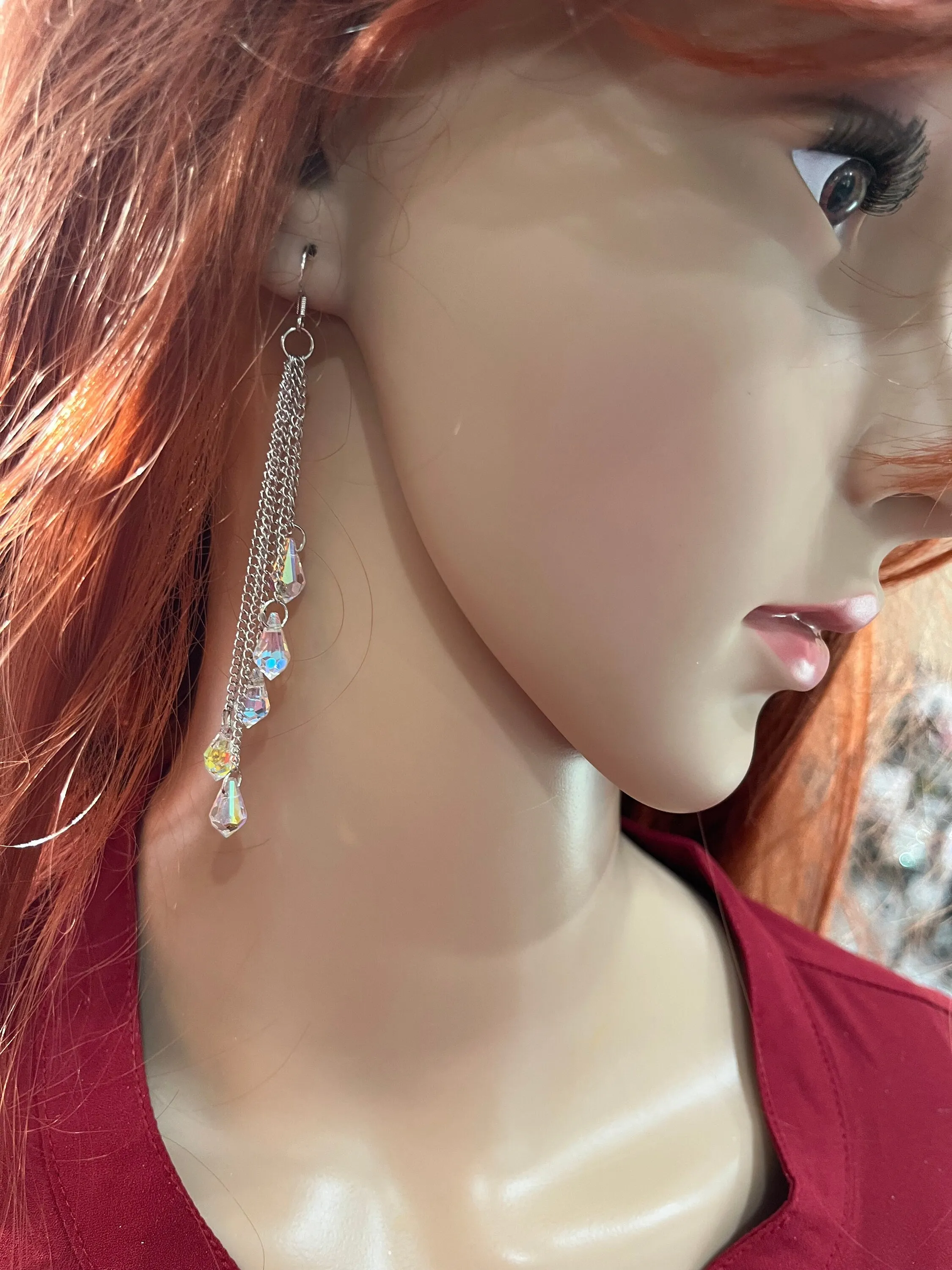 Long Aurora borealis earrings , long silver chain earrings , long iridescent earrings , long rainbow earrings , silver chandelier earrings