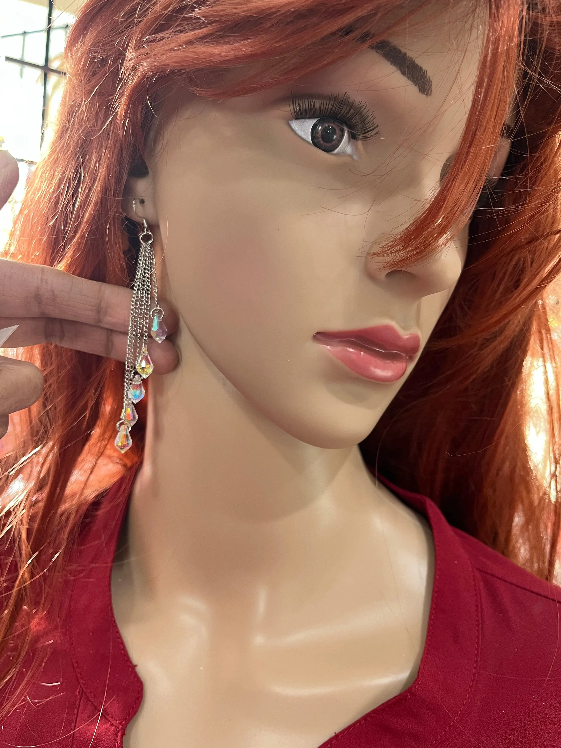 Long Aurora borealis earrings , long silver chain earrings , long iridescent earrings , long rainbow earrings , silver chandelier earrings