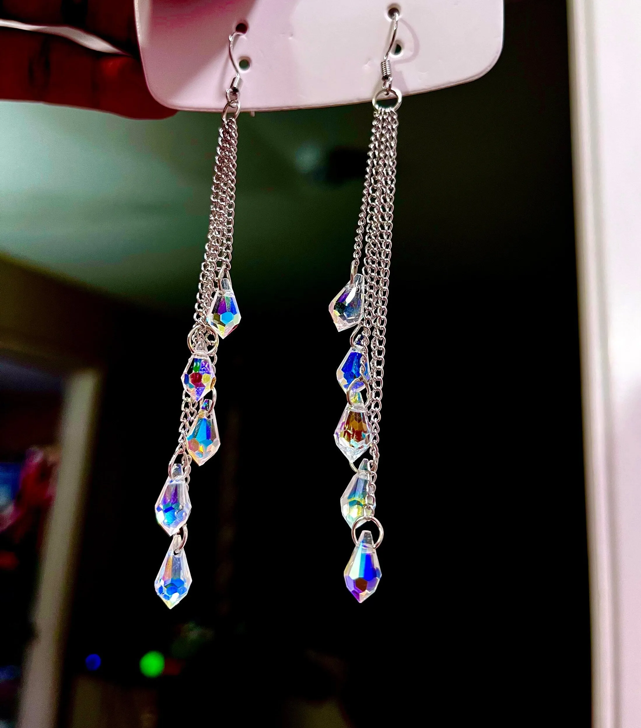 Long Aurora borealis earrings , long silver chain earrings , long iridescent earrings , long rainbow earrings , silver chandelier earrings