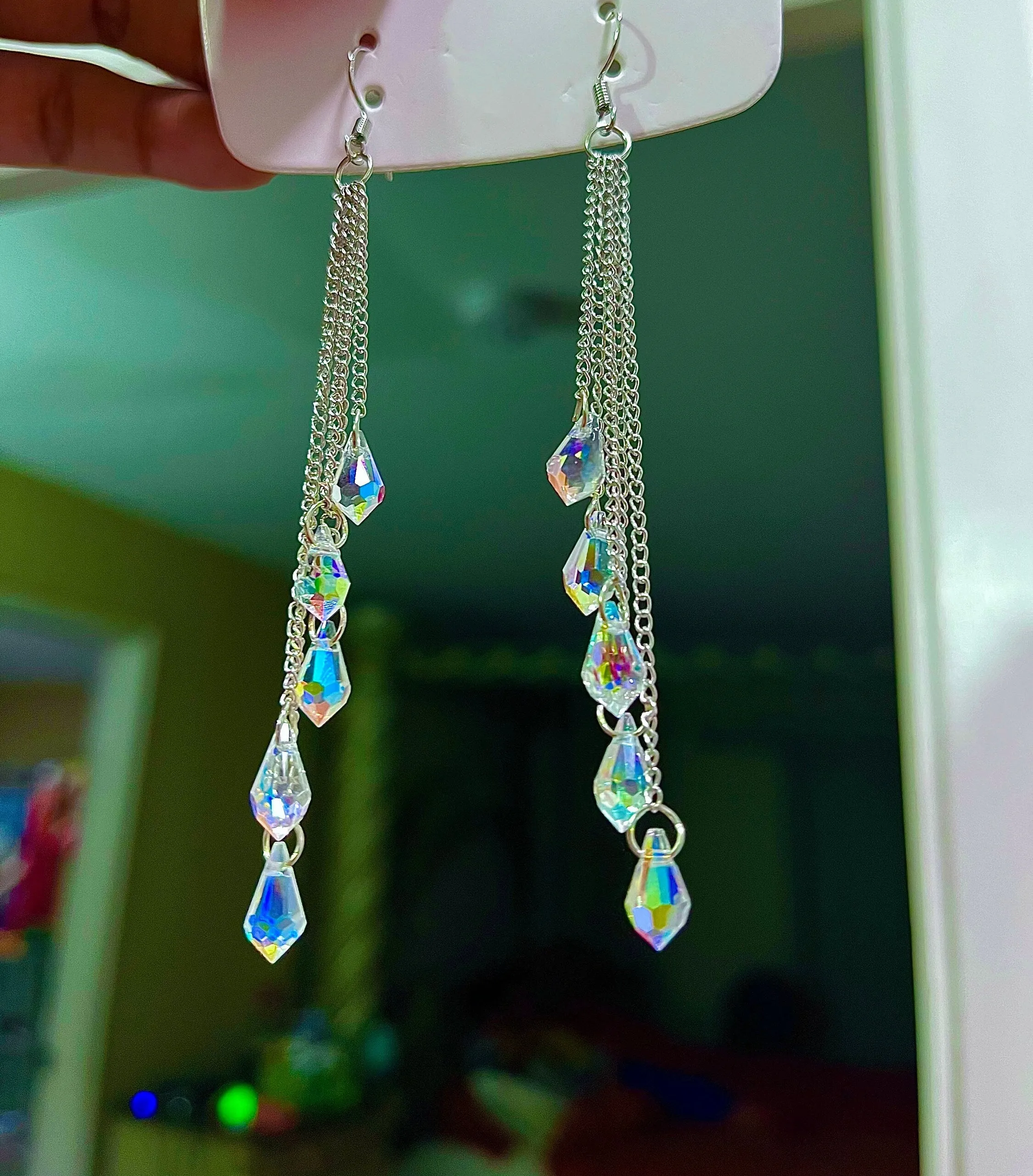 Long Aurora borealis earrings , long silver chain earrings , long iridescent earrings , long rainbow earrings , silver chandelier earrings