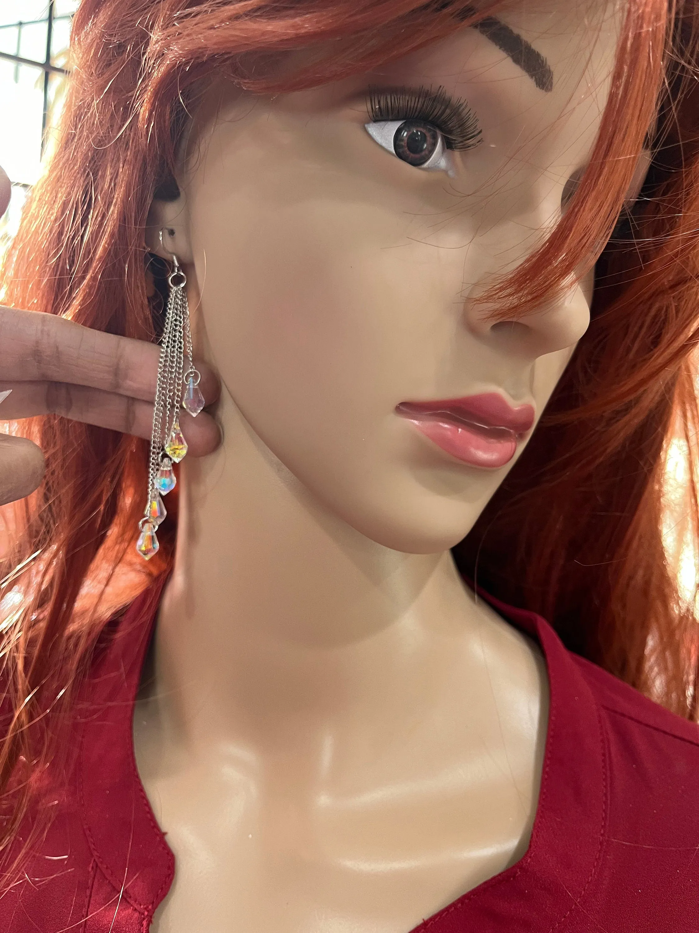 Long Aurora borealis earrings , long silver chain earrings , long iridescent earrings , long rainbow earrings , silver chandelier earrings