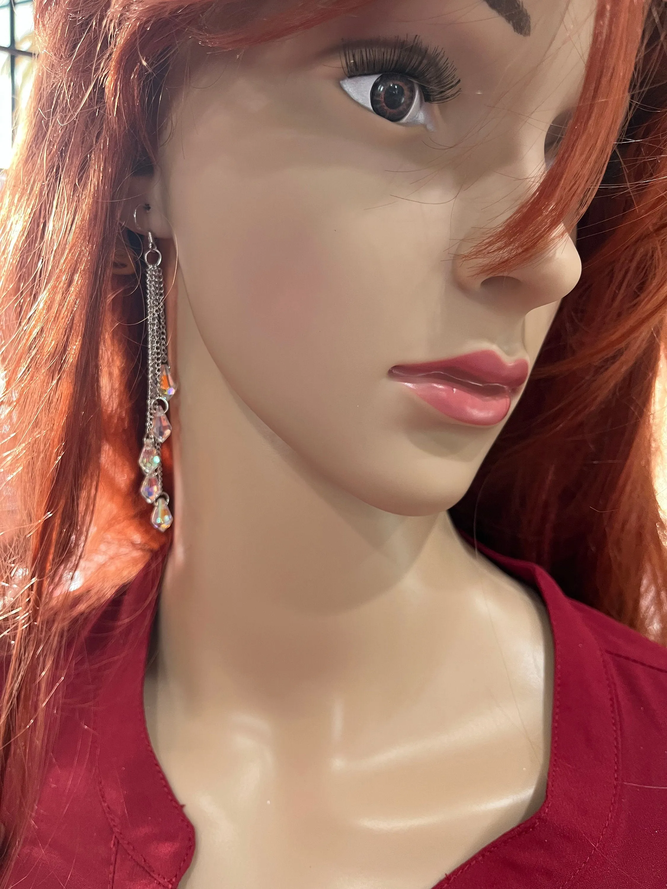 Long Aurora borealis earrings , long silver chain earrings , long iridescent earrings , long rainbow earrings , silver chandelier earrings