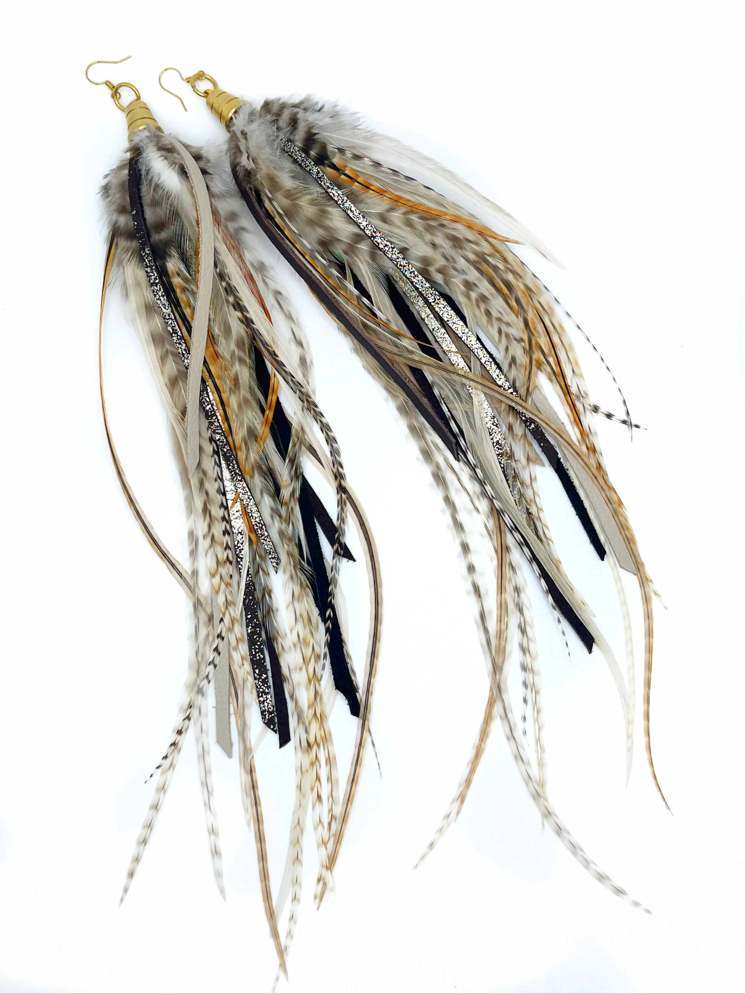 Long Feather and Leather Earrings - Sea Birds