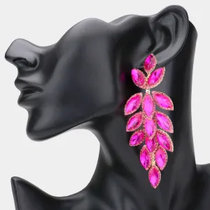 Long Fuchsia Crystal Marquise Leaf Stone Pageant Earrings | Prom Earrings |  569285