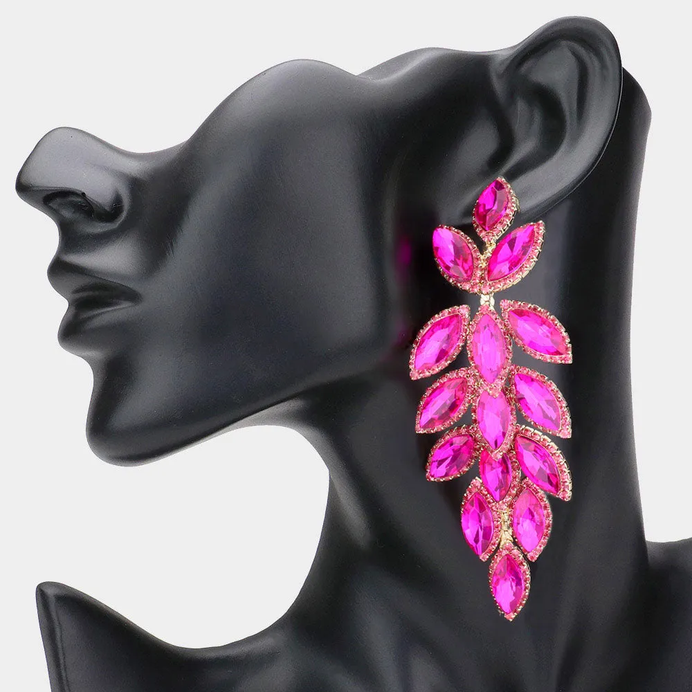 Long Fuchsia Crystal Marquise Leaf Stone Pageant Earrings | Prom Earrings |  569285