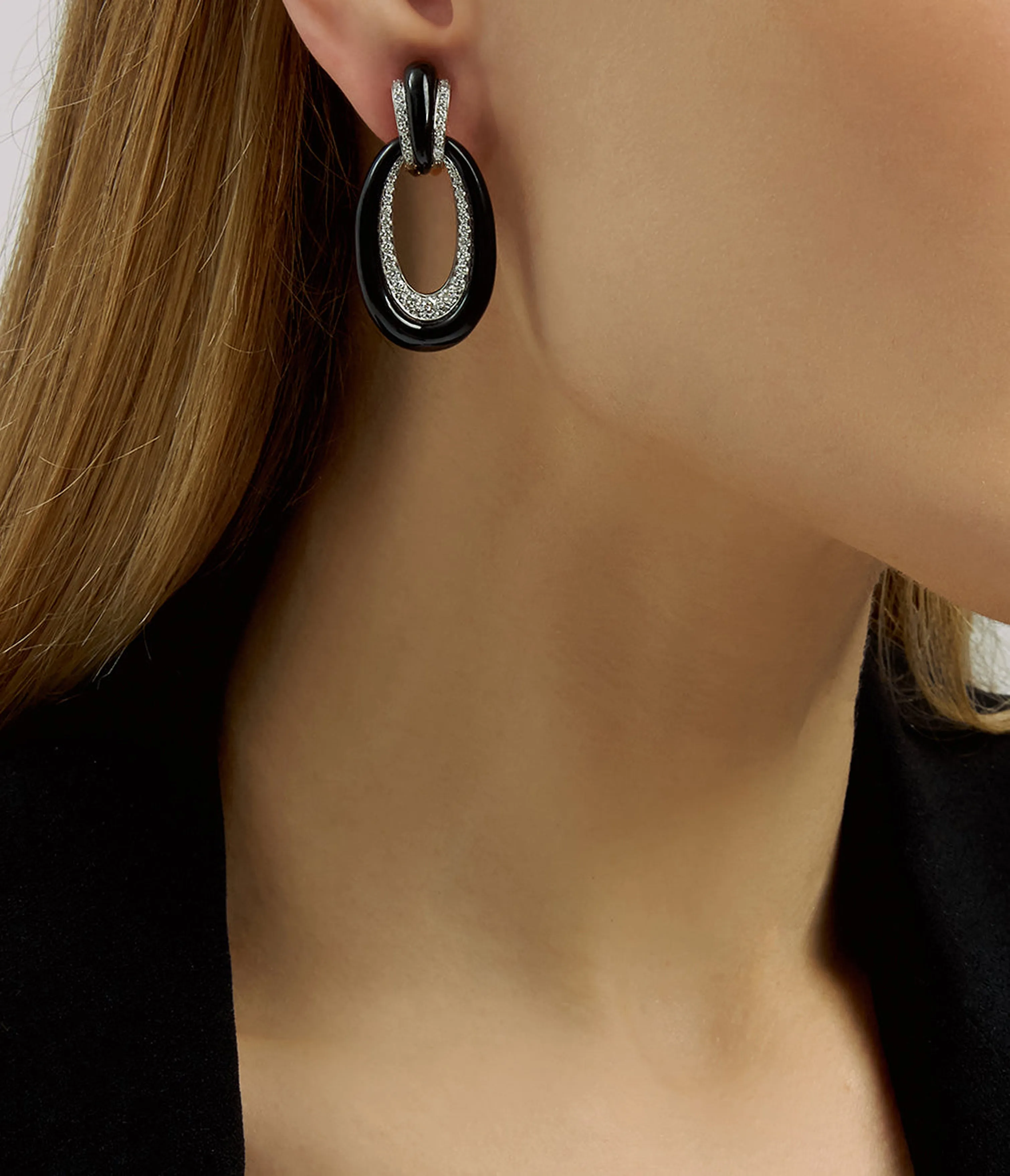 Long Hoop Earrings, Black Enamel