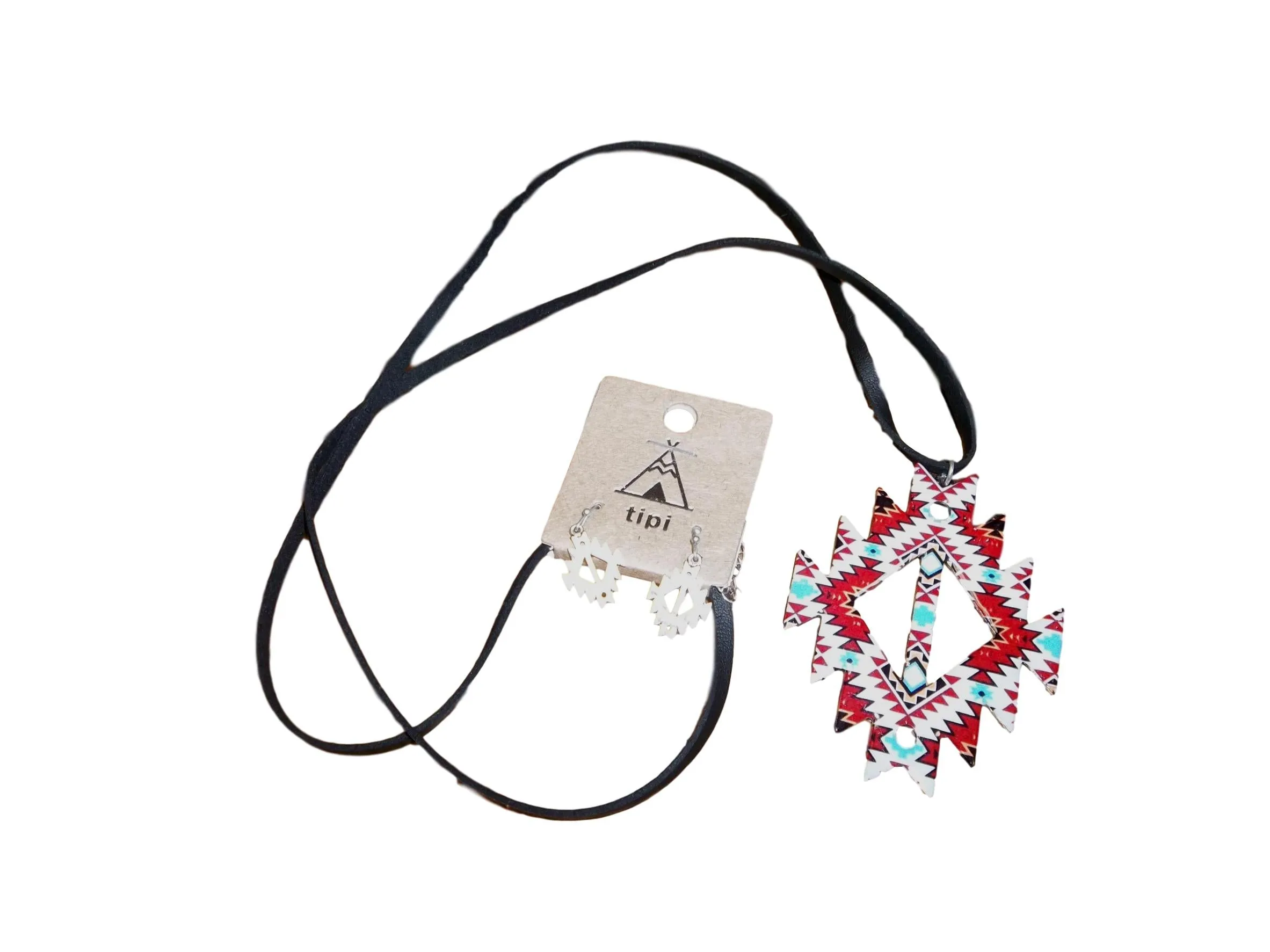 Long Leather & Metal Aztec Necklace