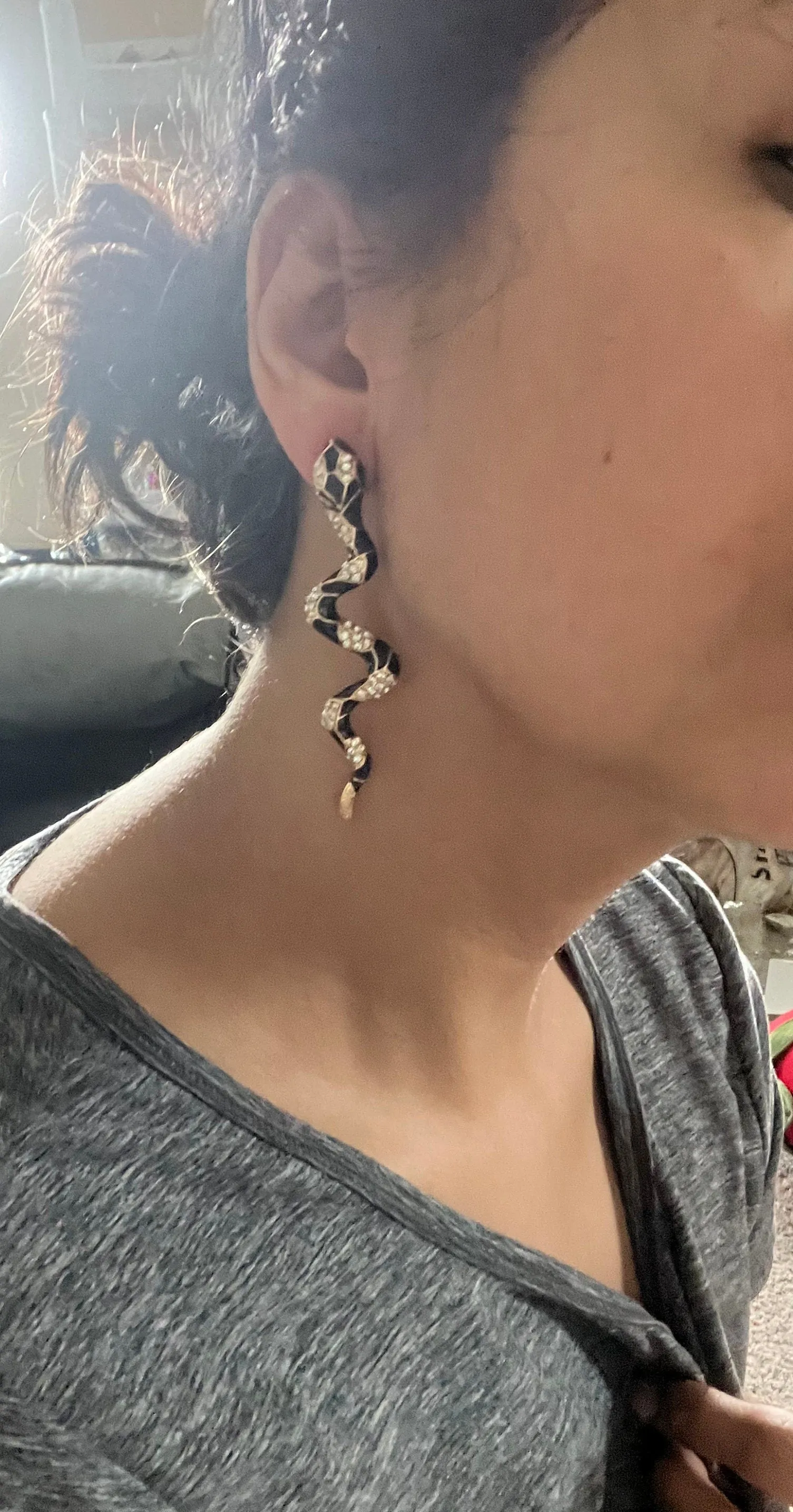 Long snake earrings ,big gold snake black earrings , gold black statement earrings , big gold gothic earrings , earrings vintage style