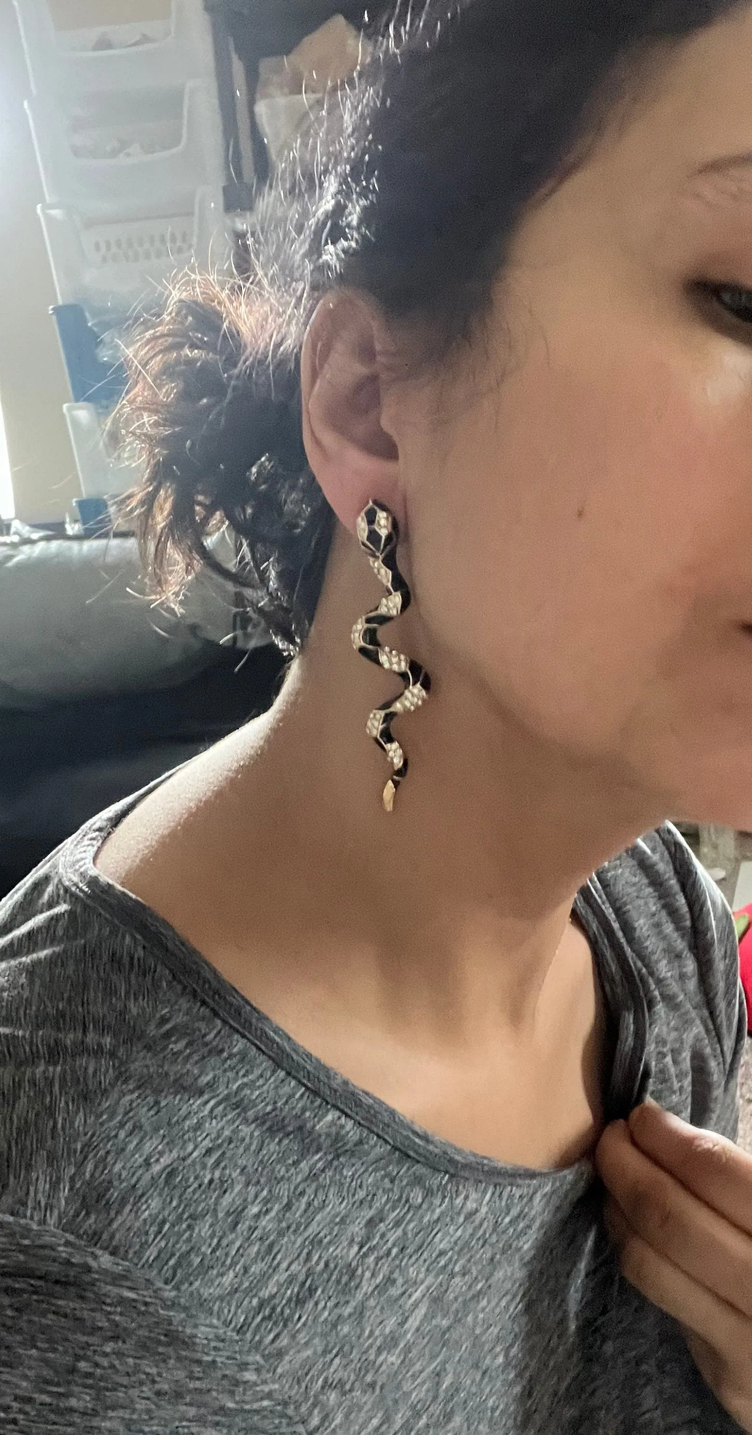 Long snake earrings ,big gold snake black earrings , gold black statement earrings , big gold gothic earrings , earrings vintage style