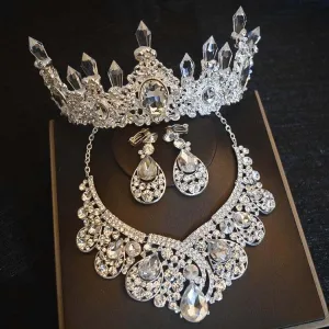 Luxury Big Rhinestone Bridal Jewelry Sets Silver Plated Crystal Crown