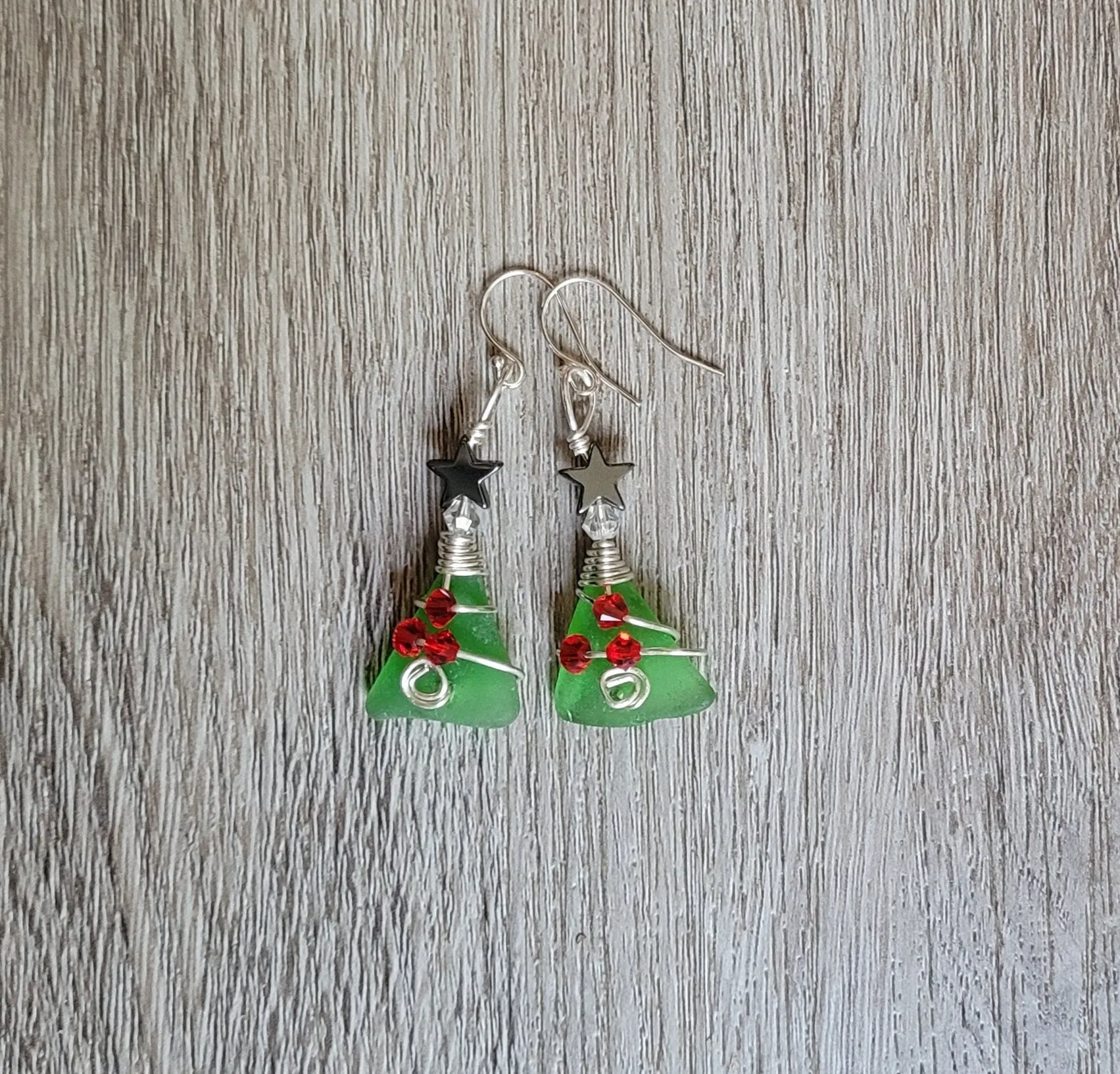 Made to Order/Sterling Silver Hooks/Genuine Sea Glass Christmas Tree Earrings/Coastal Earrings/Beach Earrings