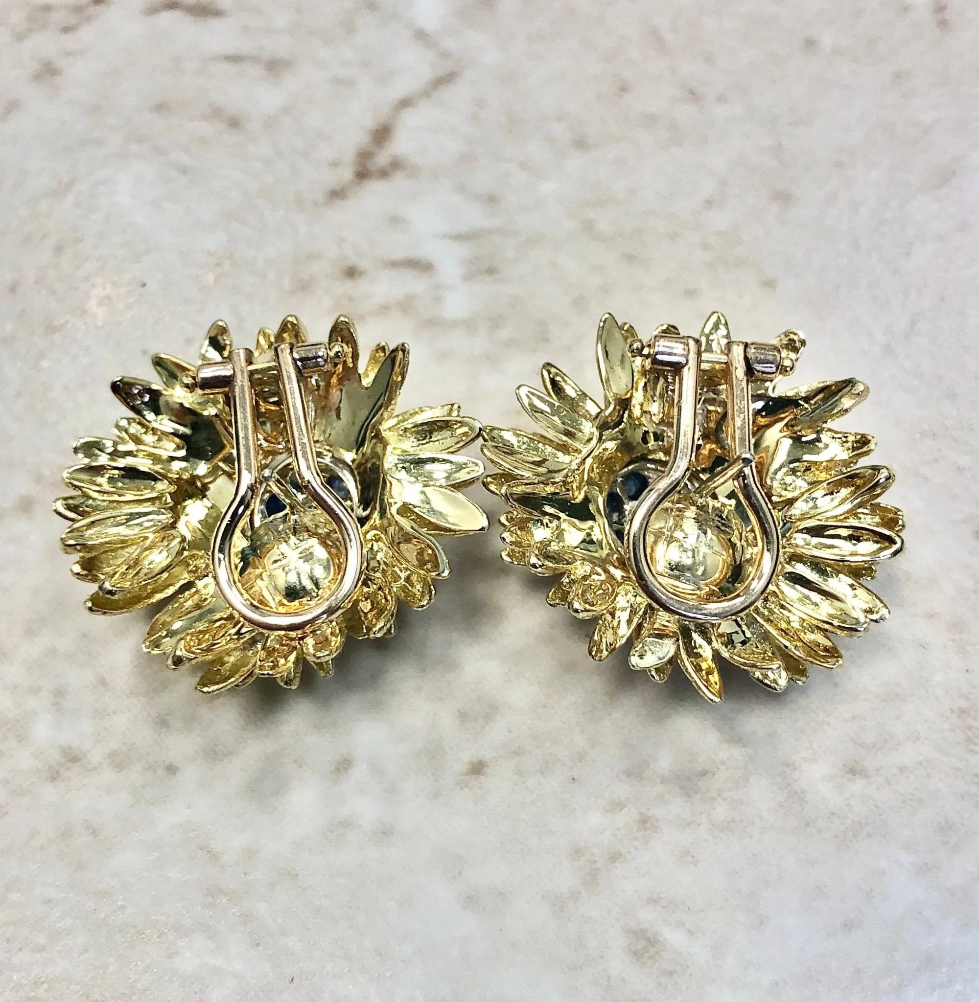 Magnificent Vintage Handcrafted 18 Karat Yellow Gold Sapphire & Diamond Flower Earrings
