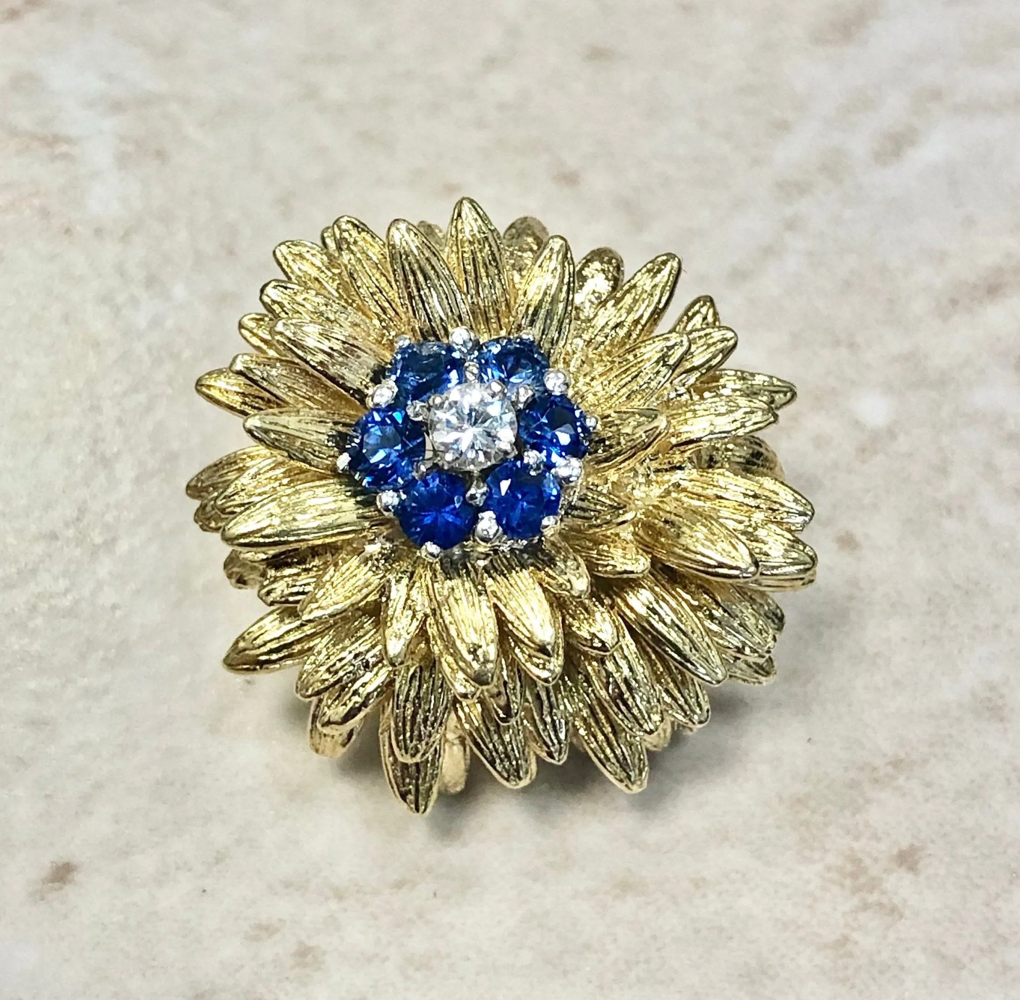 Magnificent Vintage Handcrafted 18 Karat Yellow Gold Sapphire & Diamond Flower Earrings