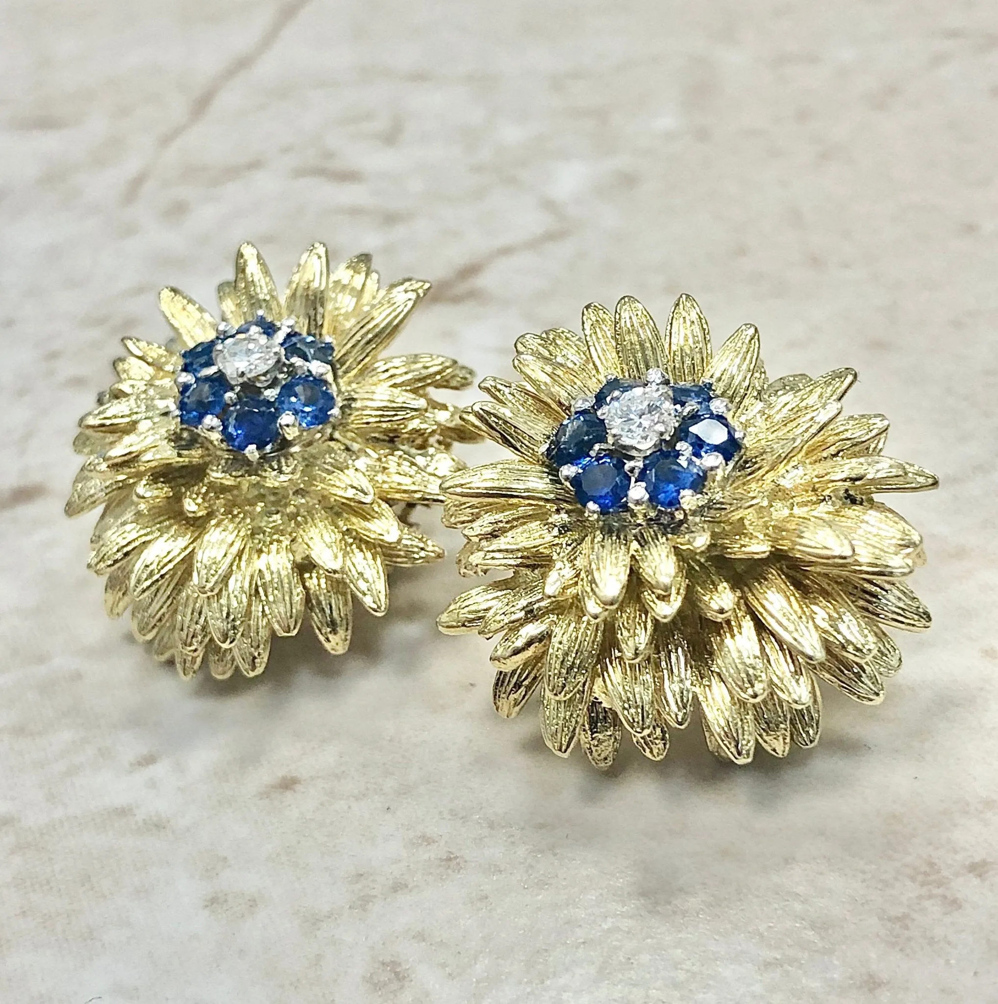 Magnificent Vintage Handcrafted 18 Karat Yellow Gold Sapphire & Diamond Flower Earrings