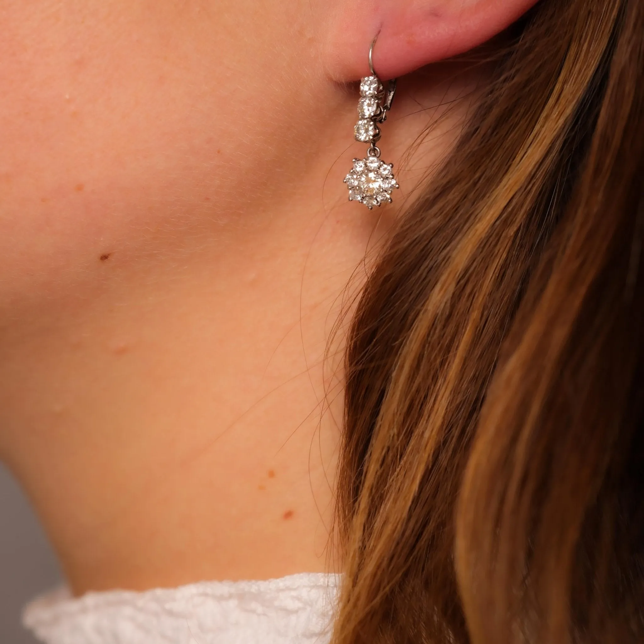 Mid Century 2 carat total weight diamond platinum flower drop earrings