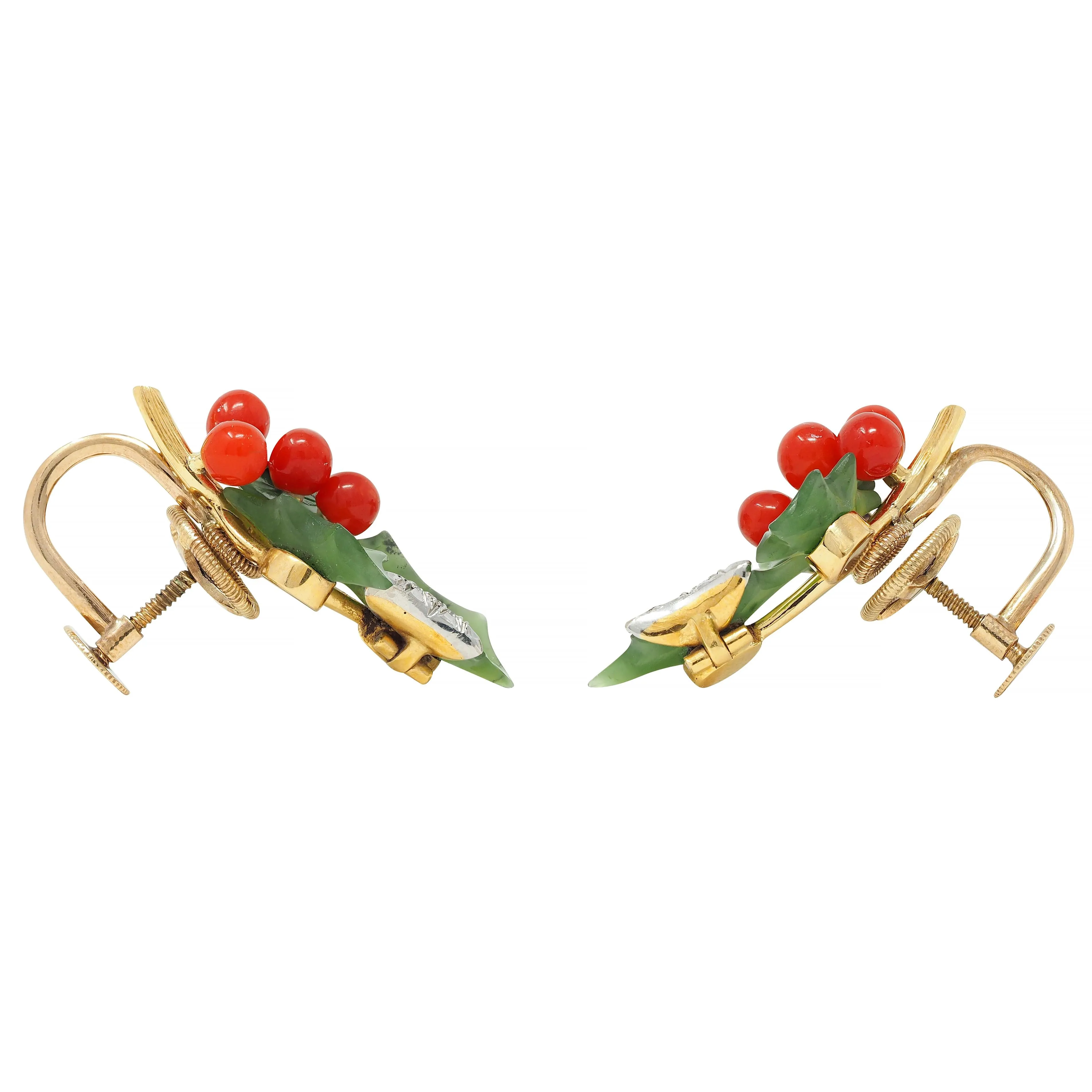 Mid-Century Diamond Nephrite Jade Carnelian Platinum 14 Karat Gold Vintage Holly Earrings