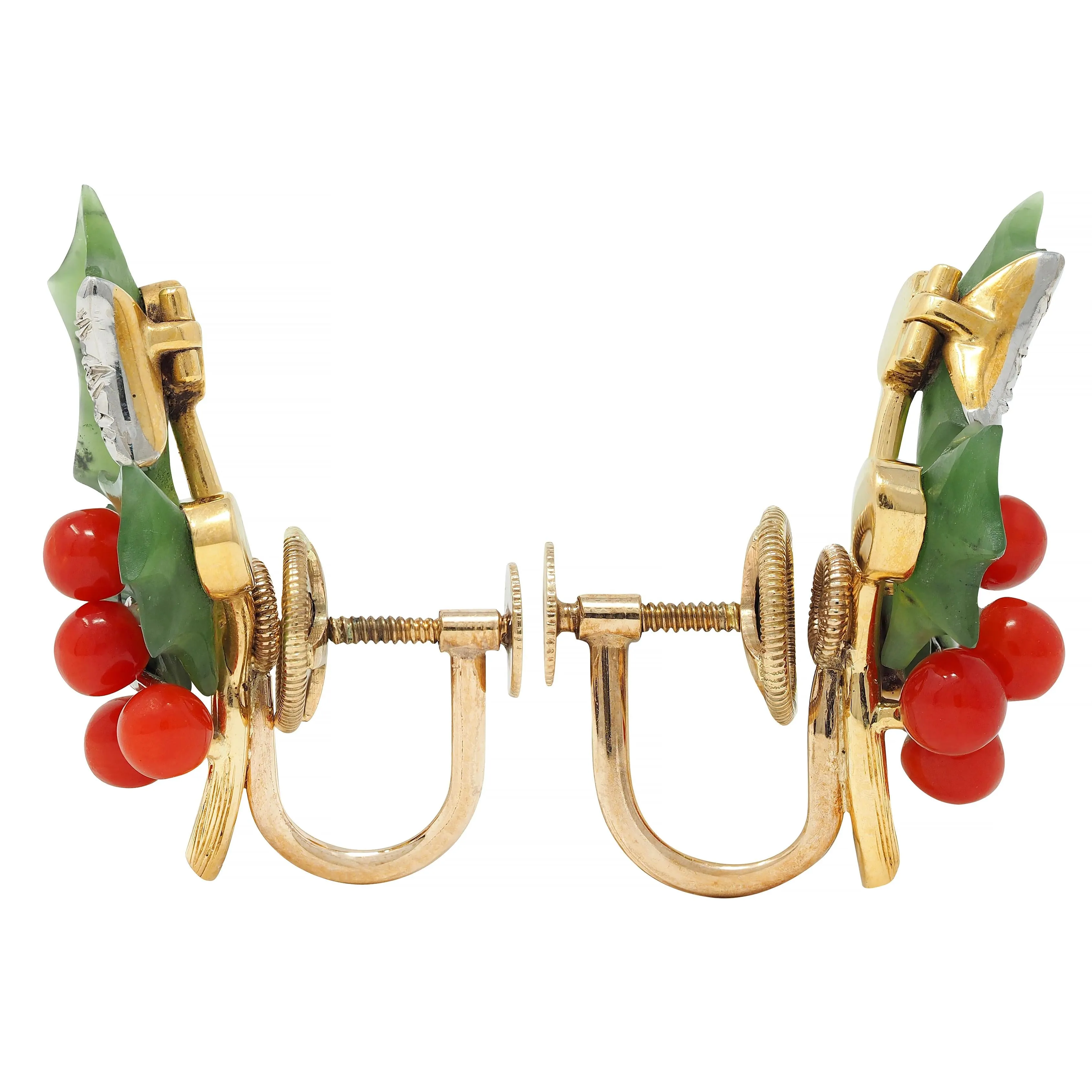 Mid-Century Diamond Nephrite Jade Carnelian Platinum 14 Karat Gold Vintage Holly Earrings