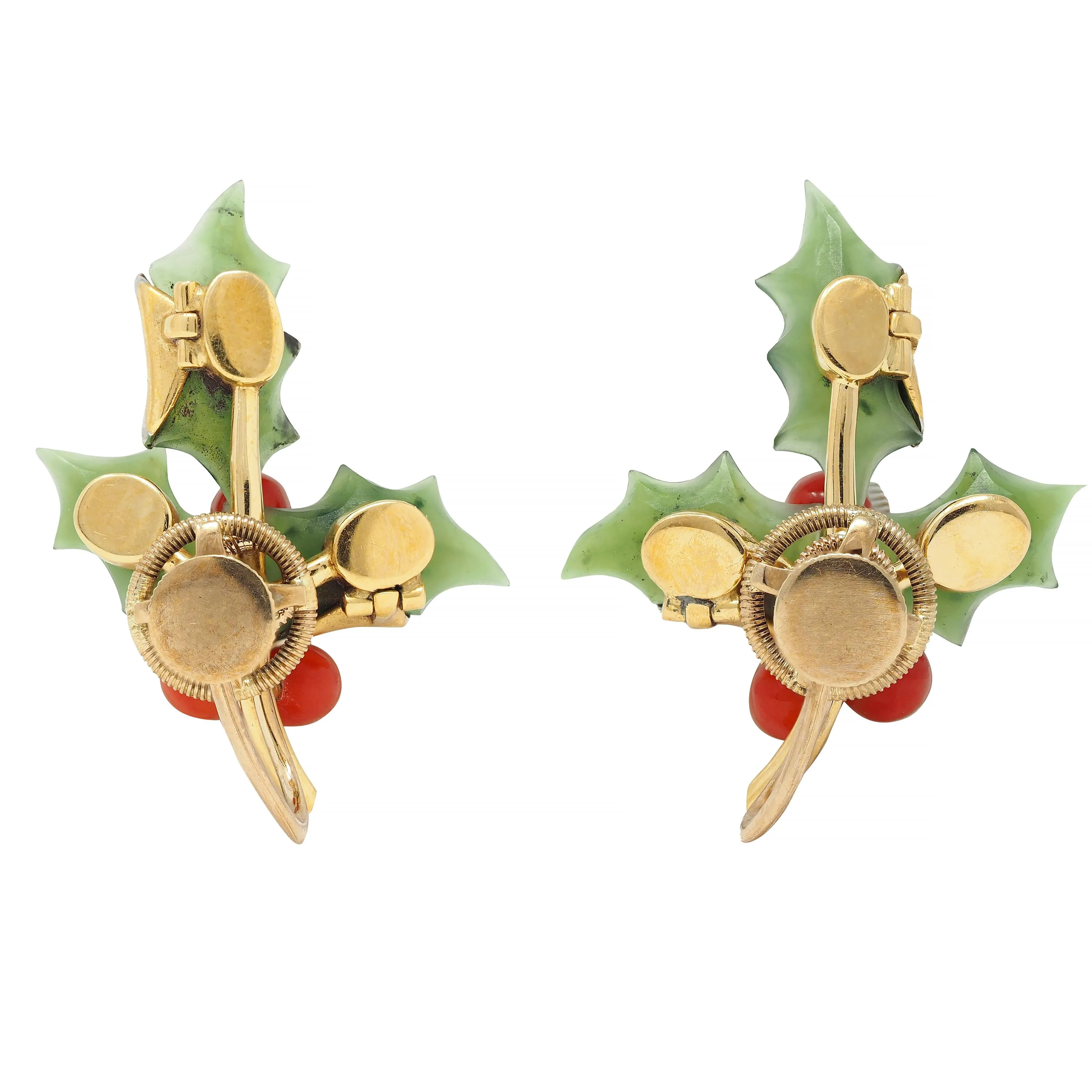 Mid-Century Diamond Nephrite Jade Carnelian Platinum 14 Karat Gold Vintage Holly Earrings