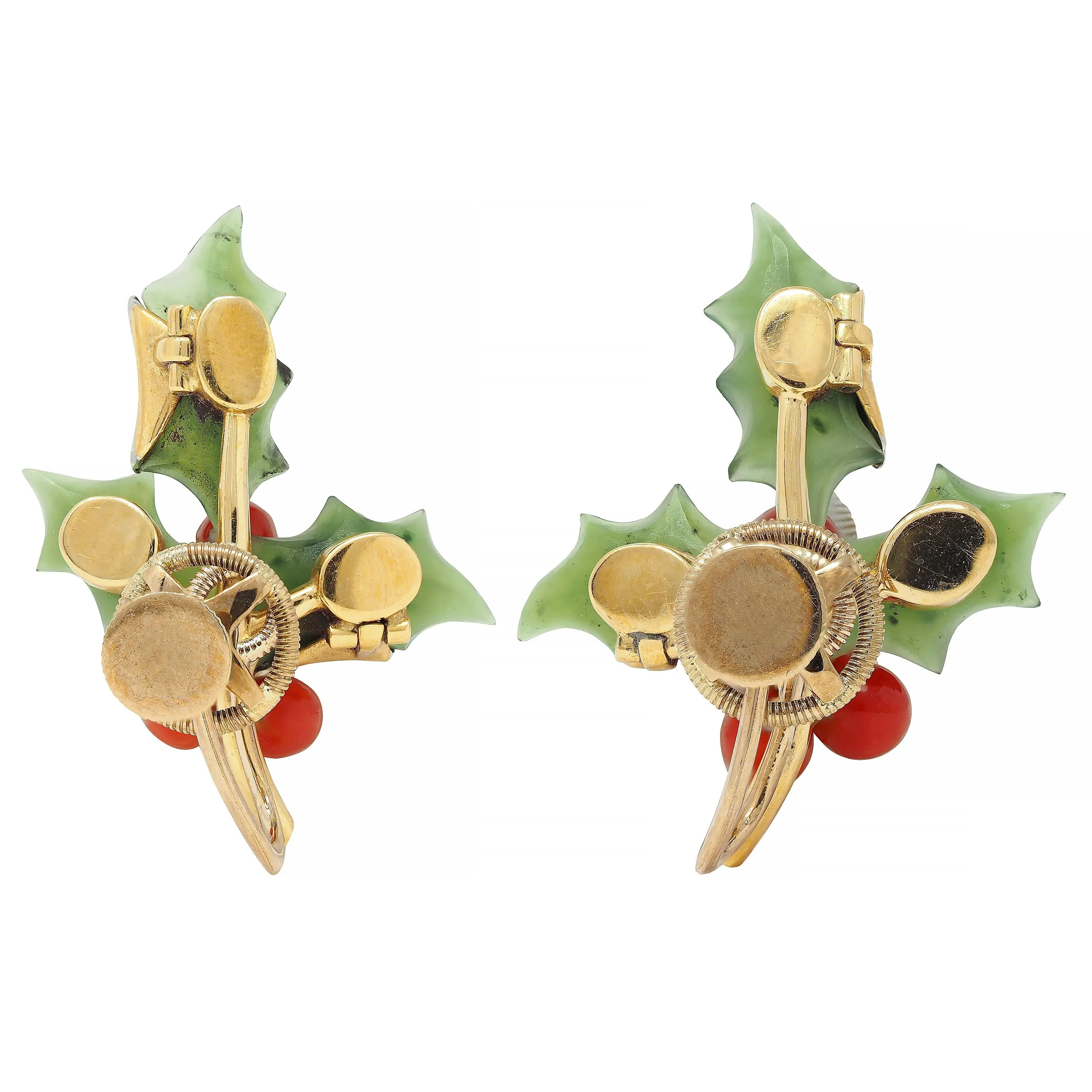 Mid-Century Diamond Nephrite Jade Carnelian Platinum 14 Karat Gold Vintage Holly Earrings