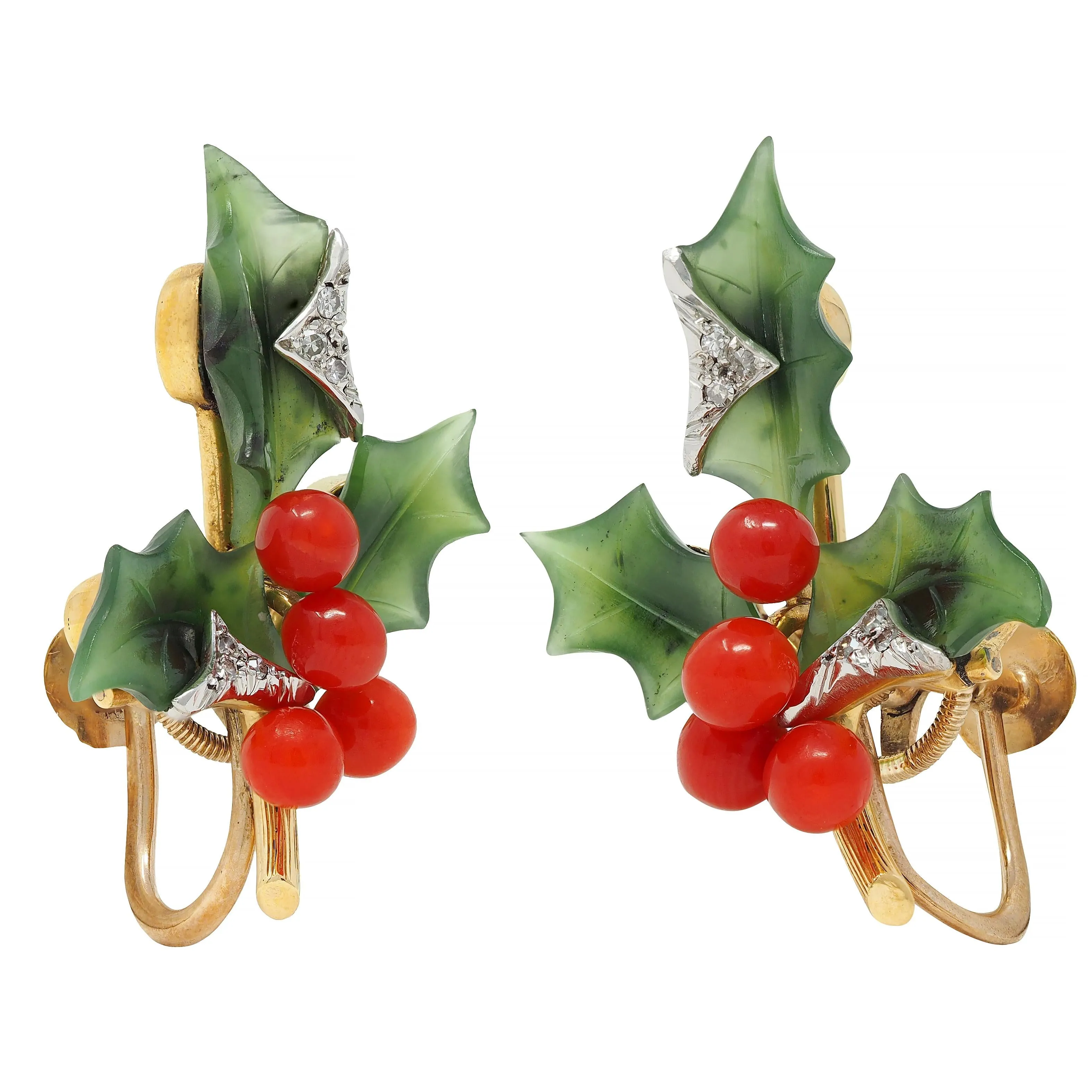 Mid-Century Diamond Nephrite Jade Carnelian Platinum 14 Karat Gold Vintage Holly Earrings