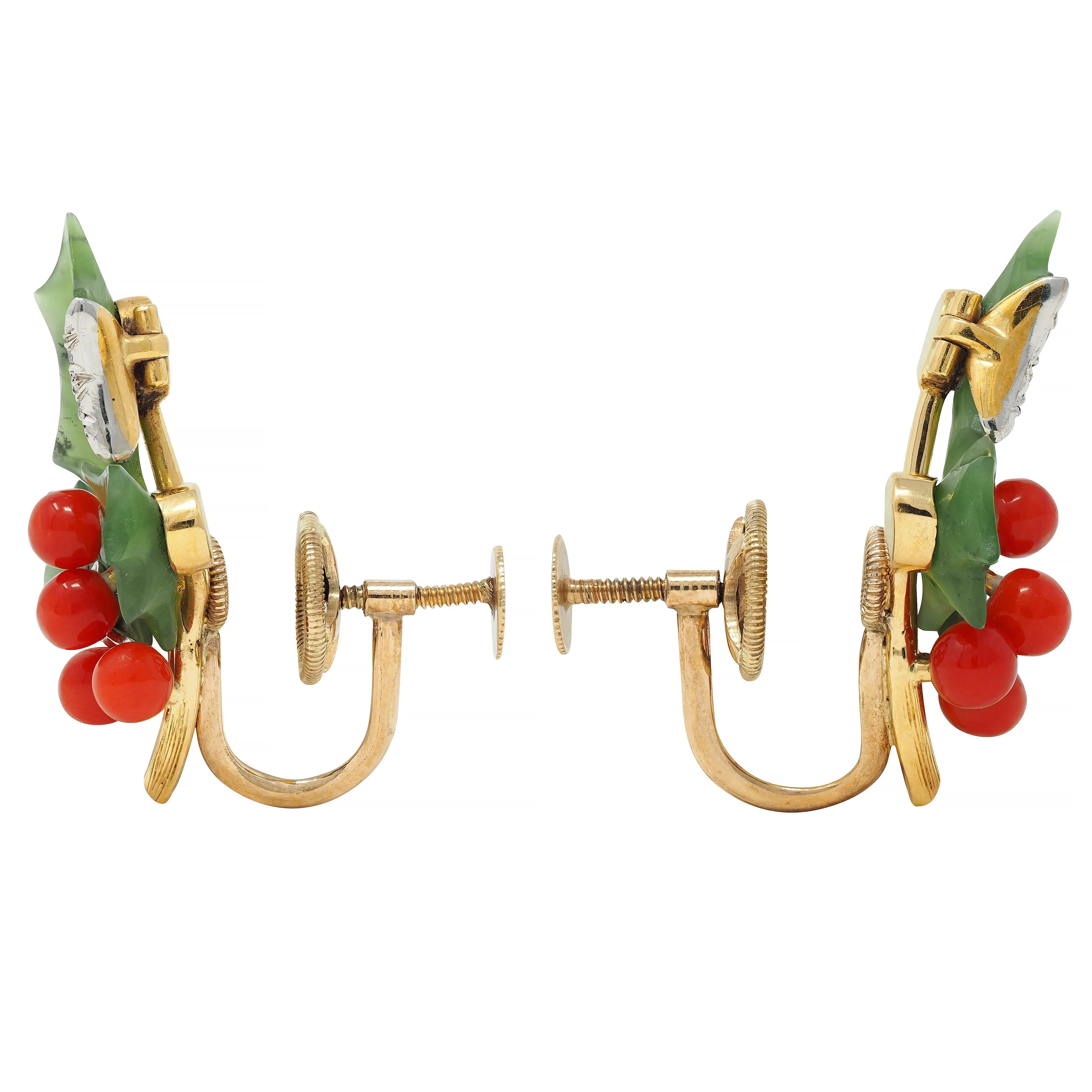 Mid-Century Diamond Nephrite Jade Carnelian Platinum 14 Karat Gold Vintage Holly Earrings