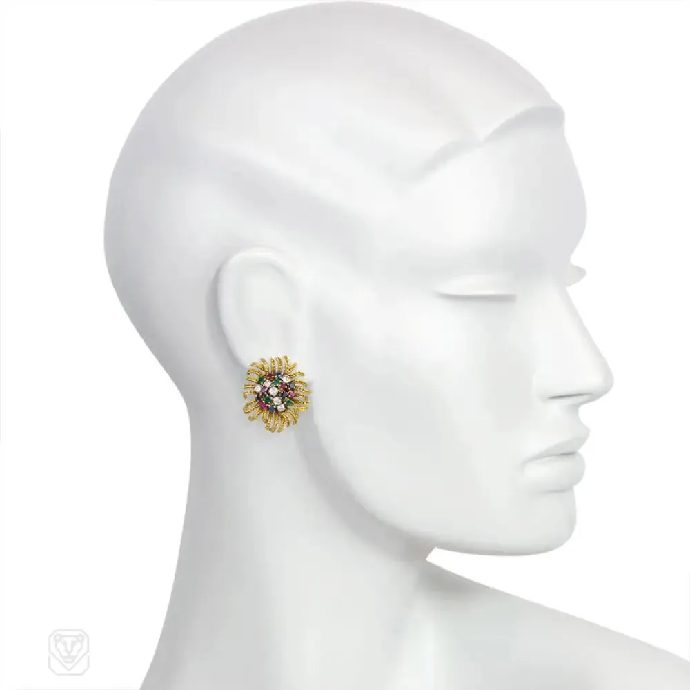Mid-century gold and gemset stylized flower earrings