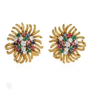 Mid-century gold and gemset stylized flower earrings