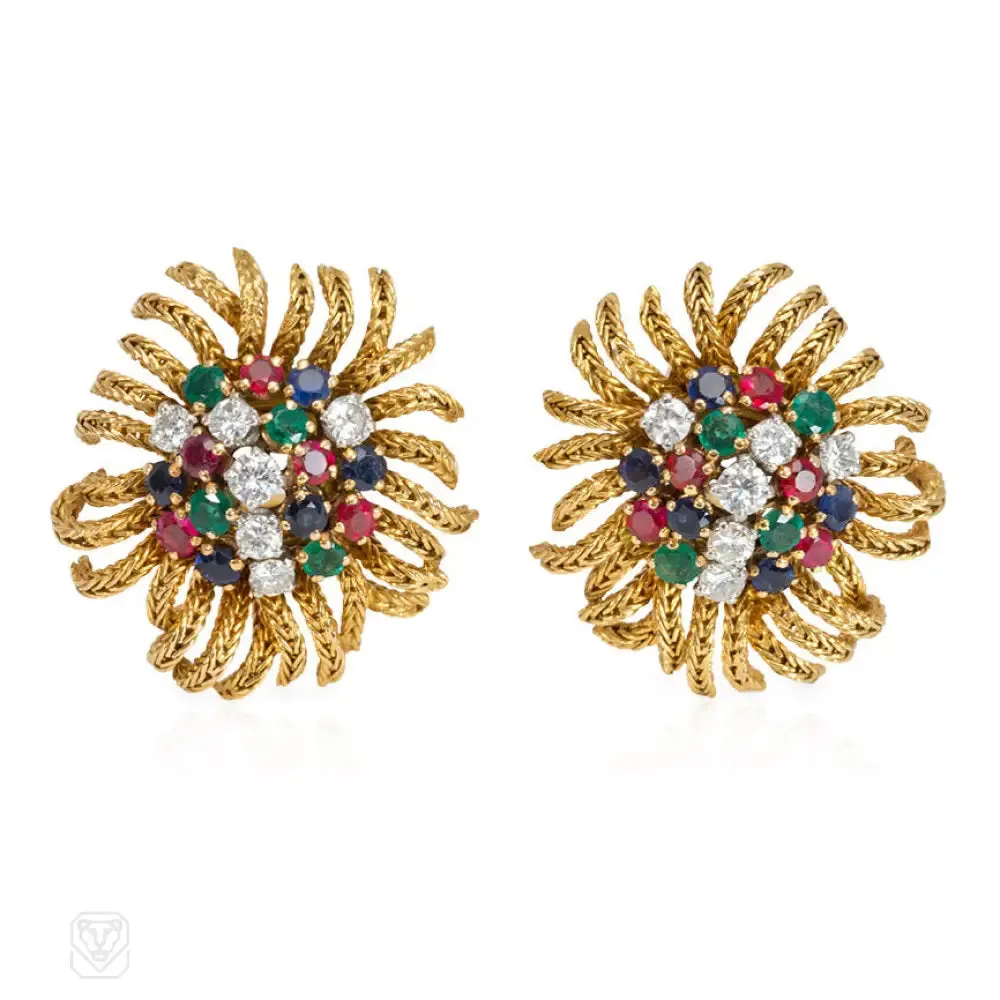 Mid-century gold and gemset stylized flower earrings