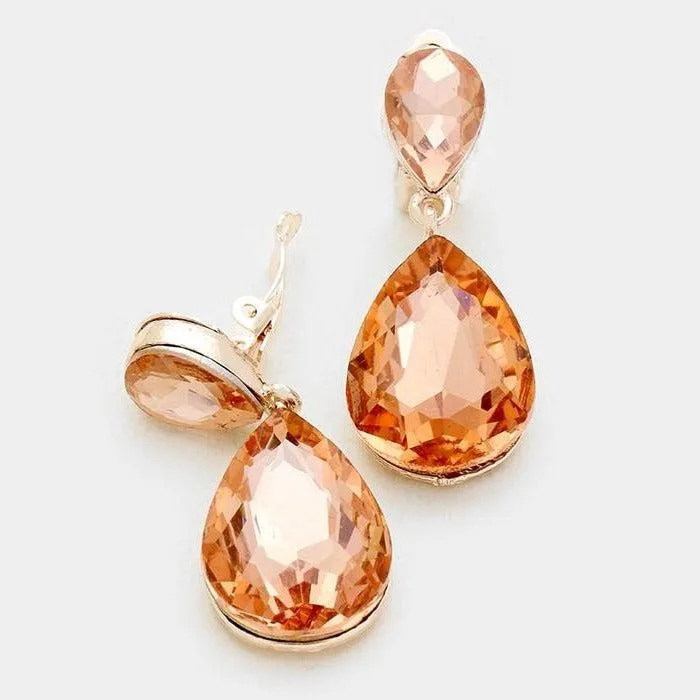 Miro Peach Crystal Teardrop Clip-On Earrings