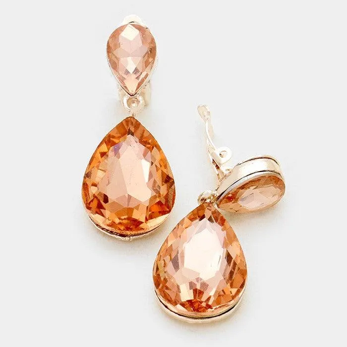 Miro Peach Crystal Teardrop Clip-On Earrings