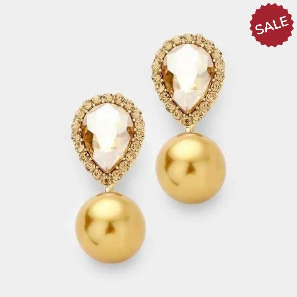 Miro Topaz Colored Crystal Teardrop Gold Pearl Earrings