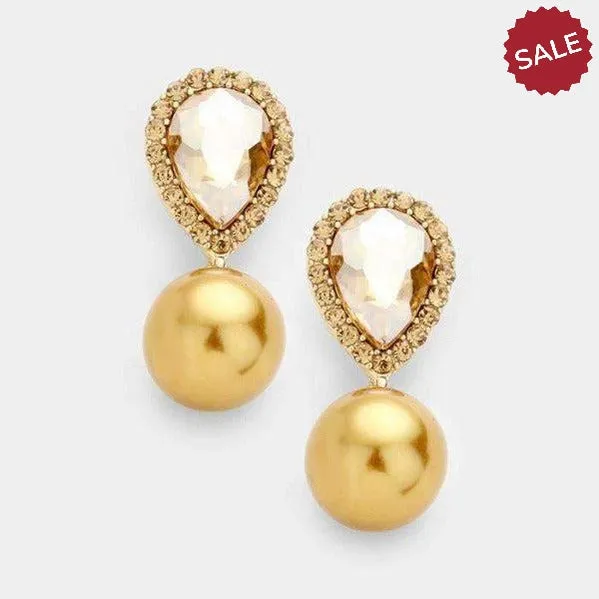 Miro Topaz Colored Crystal Teardrop Gold Pearl Earrings