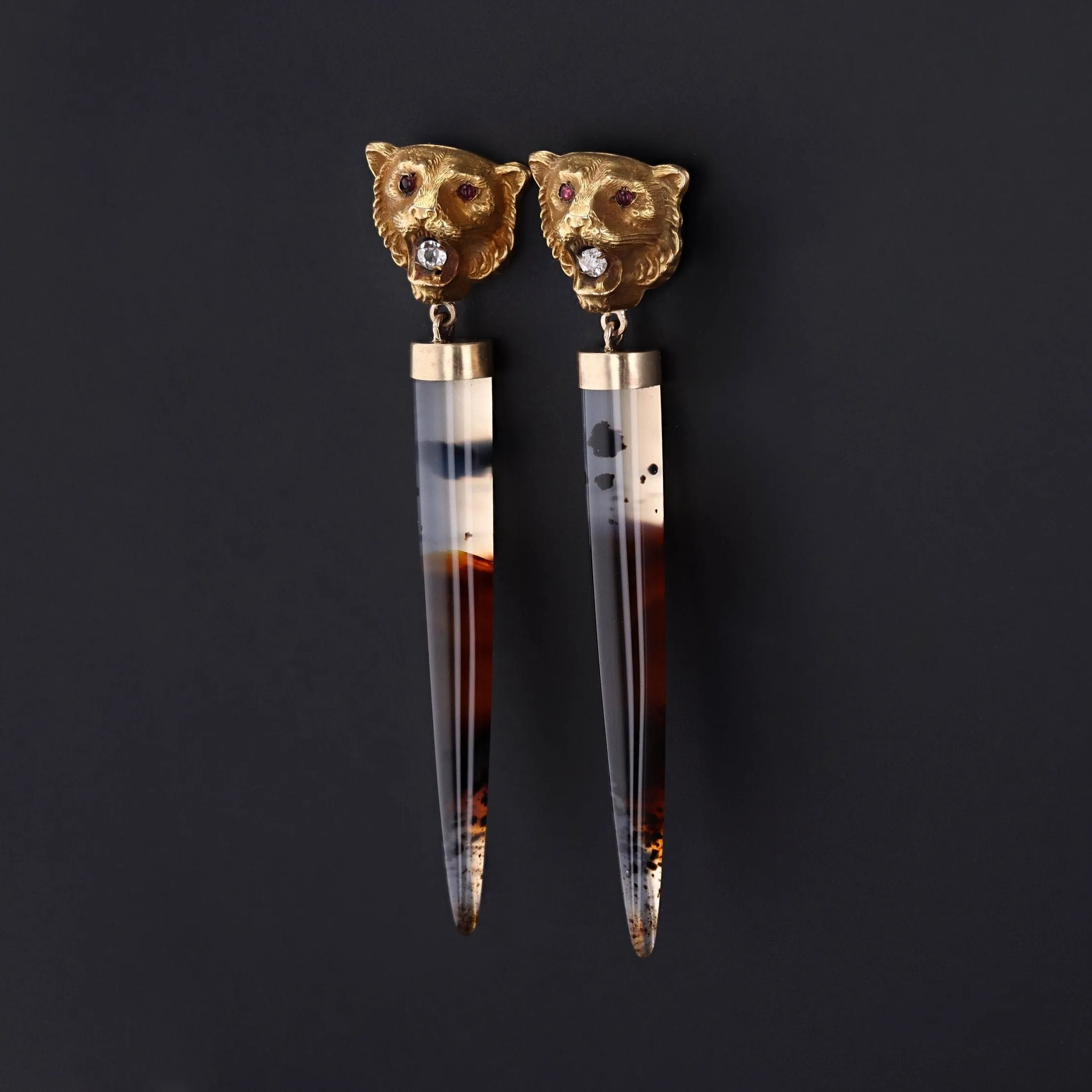Montana Agate and Diamond Lion Conversion Earrings of 14k Gold