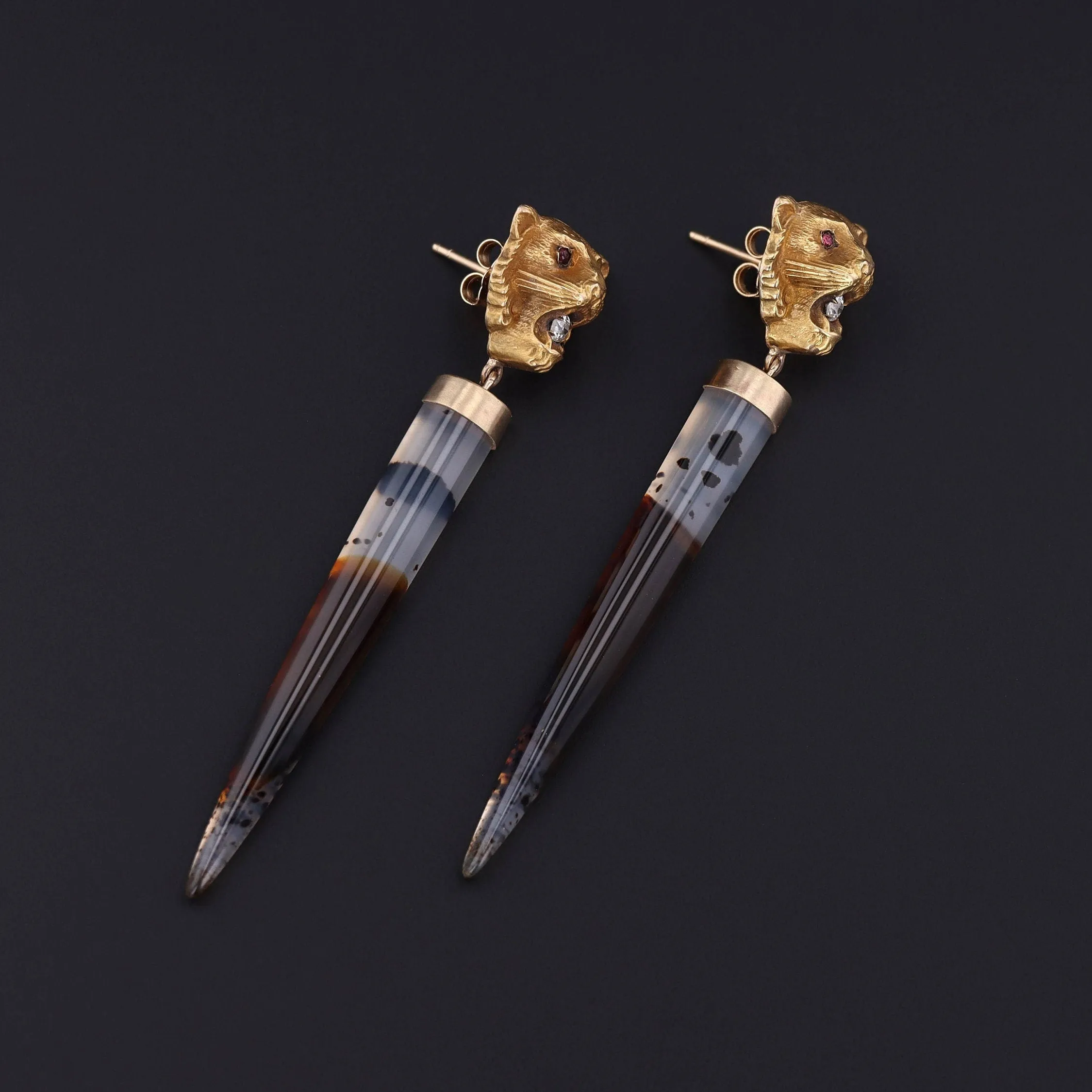 Montana Agate and Diamond Lion Conversion Earrings of 14k Gold